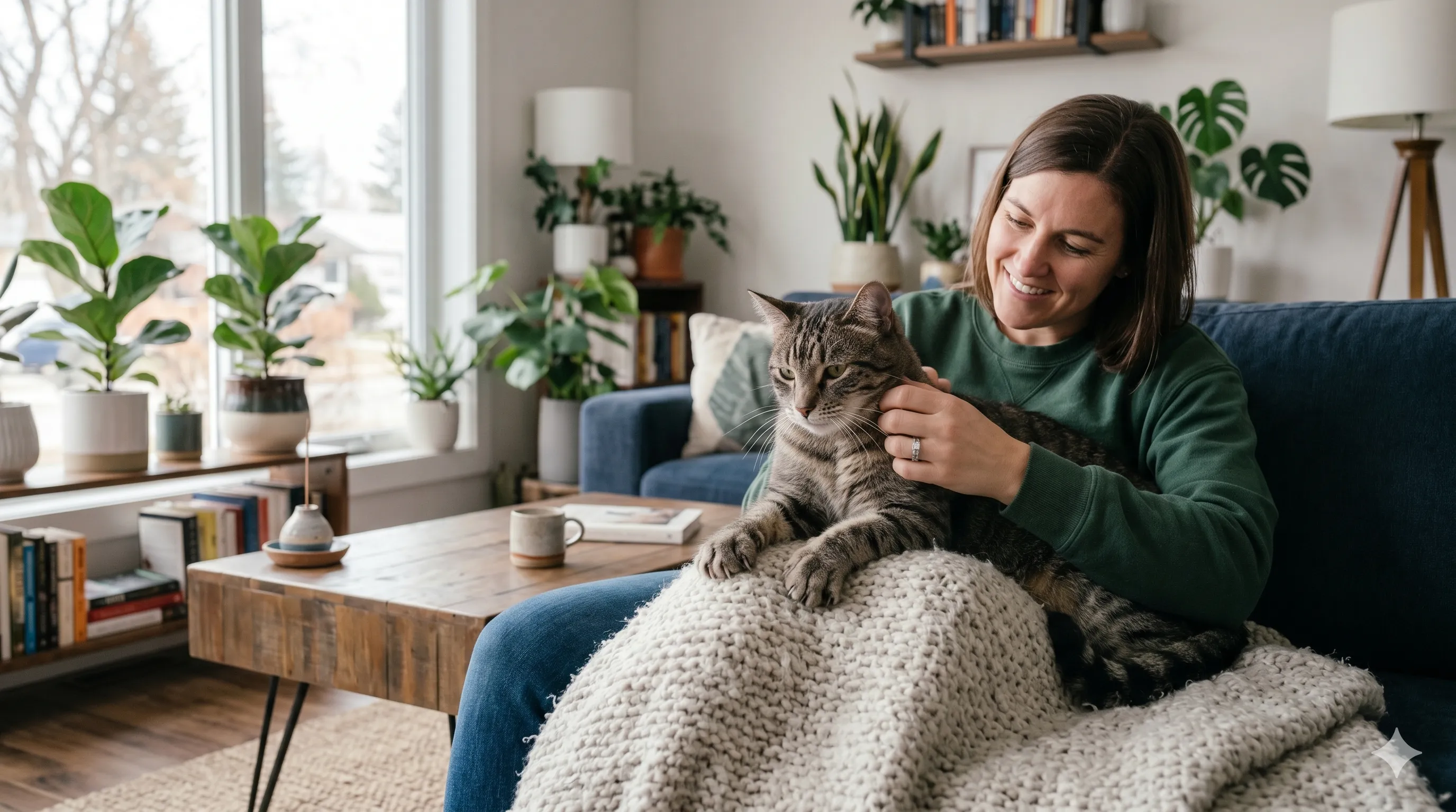 Pet owner interacting with cat while it kneads showing affection and trust