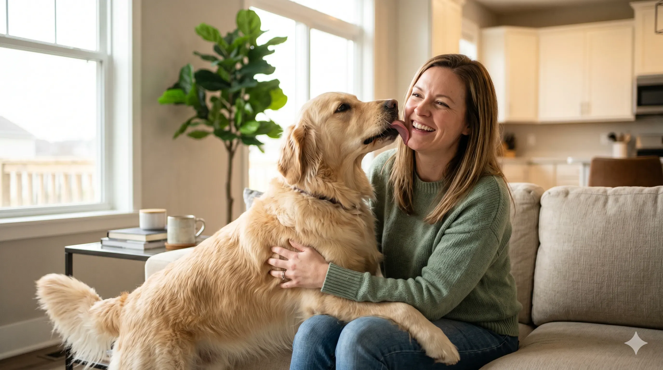 Pet owner interacting with dog during face licking behavior
