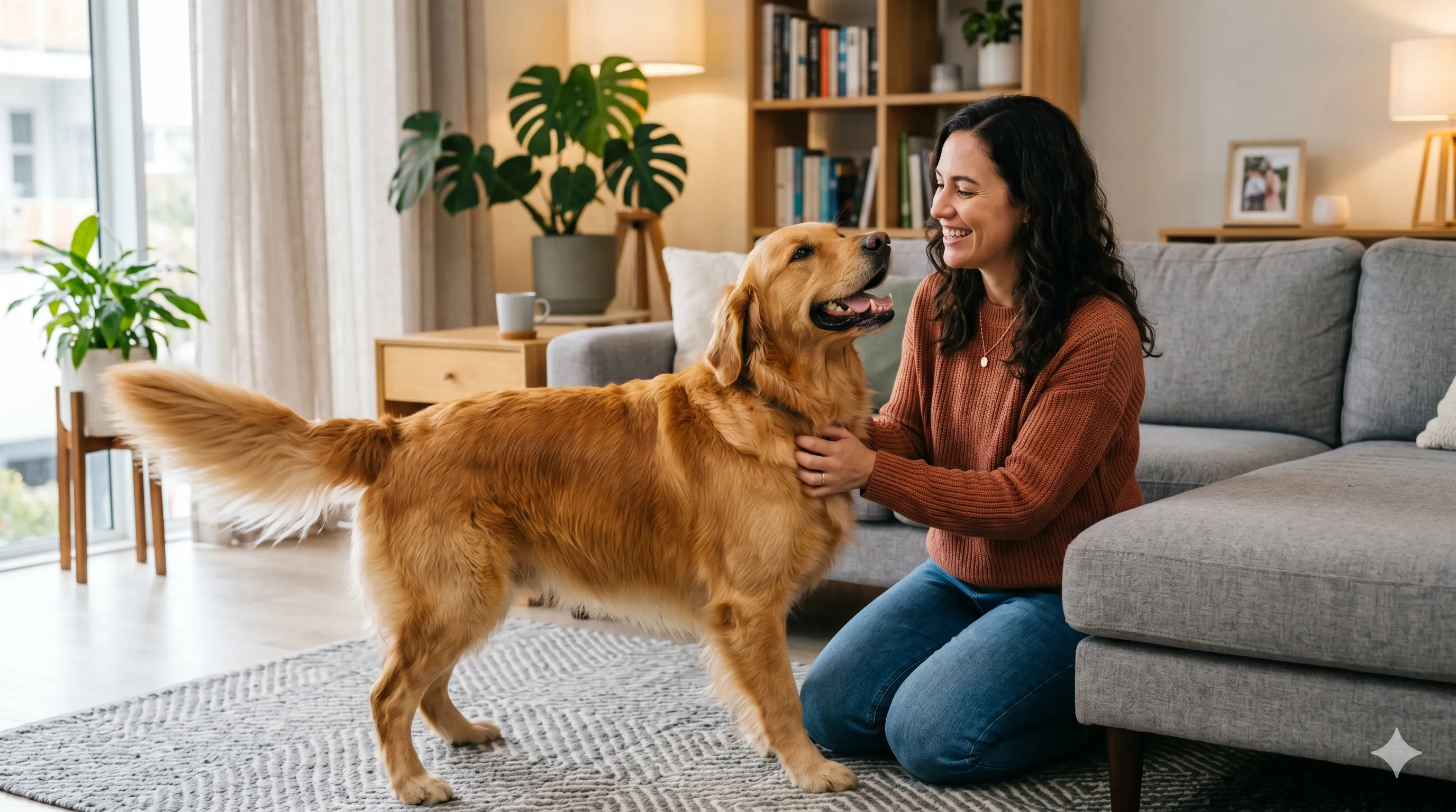 Pet owner interacting with dog responding to tail wagging behavior