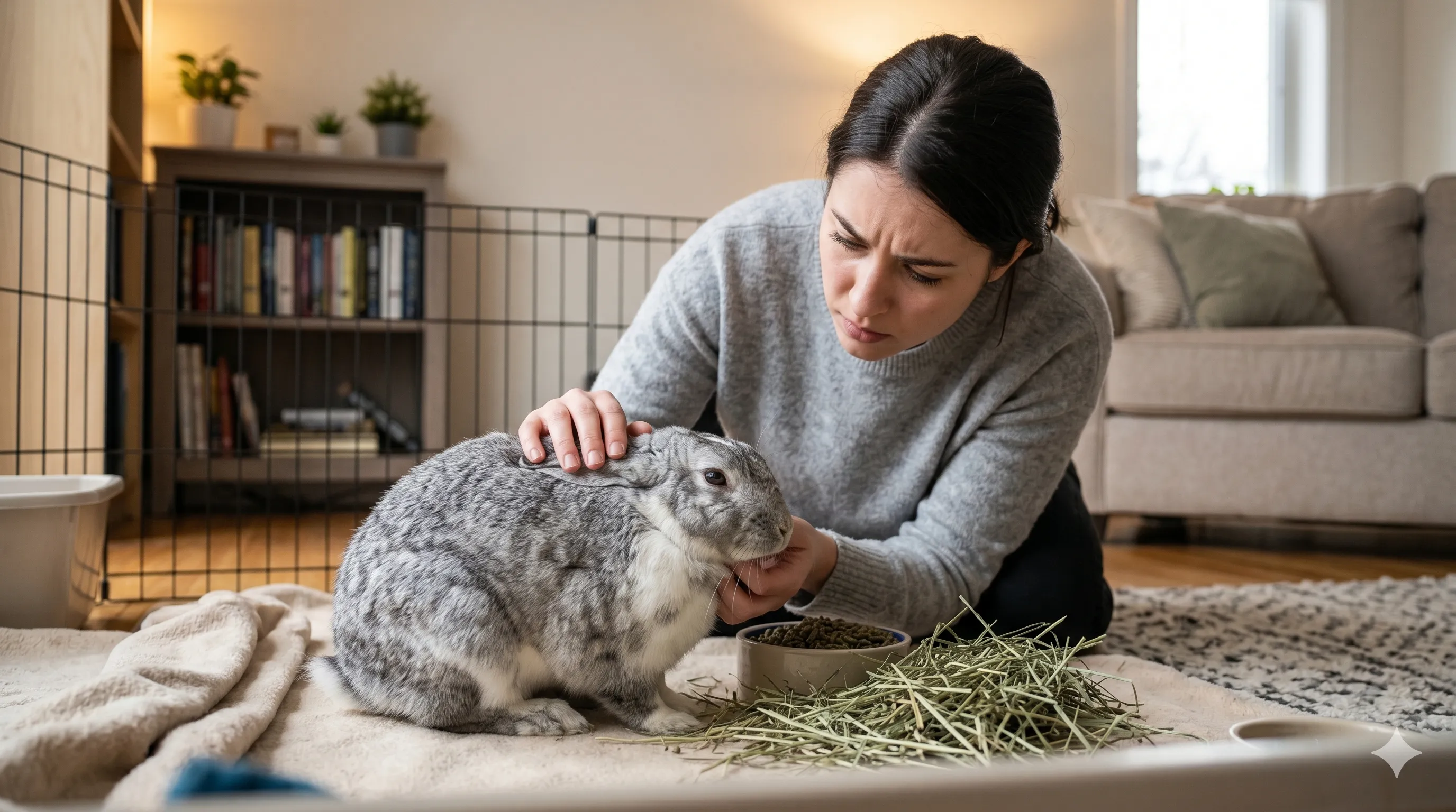 owner-monitoring-rabbit-loss-of-appetite-image-2 Pet owner checking rabbit that is not eating and showing possible illness symptoms