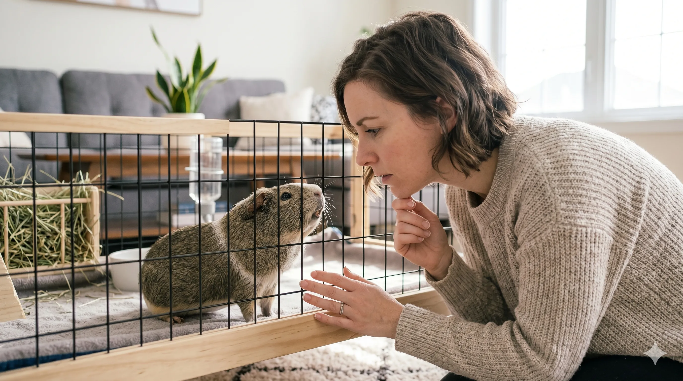 owner-observing-stressed-guinea-pig-behavior-image-2 Pet owner observing guinea pig showing stress or warning behavior indoors