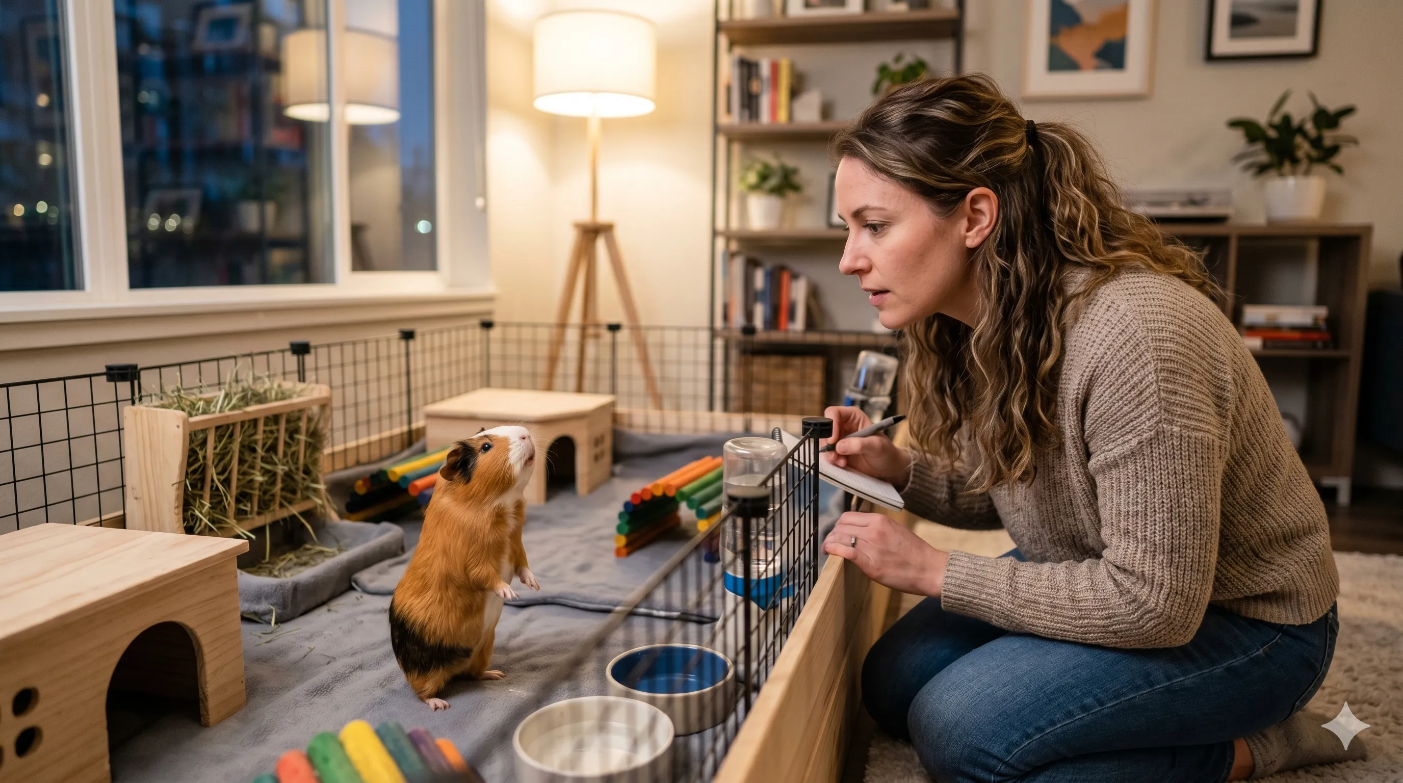 owner-observing-unusual-guinea-pig-sound-image-2 Pet owner observing guinea pig making unusual chirping sound indoors