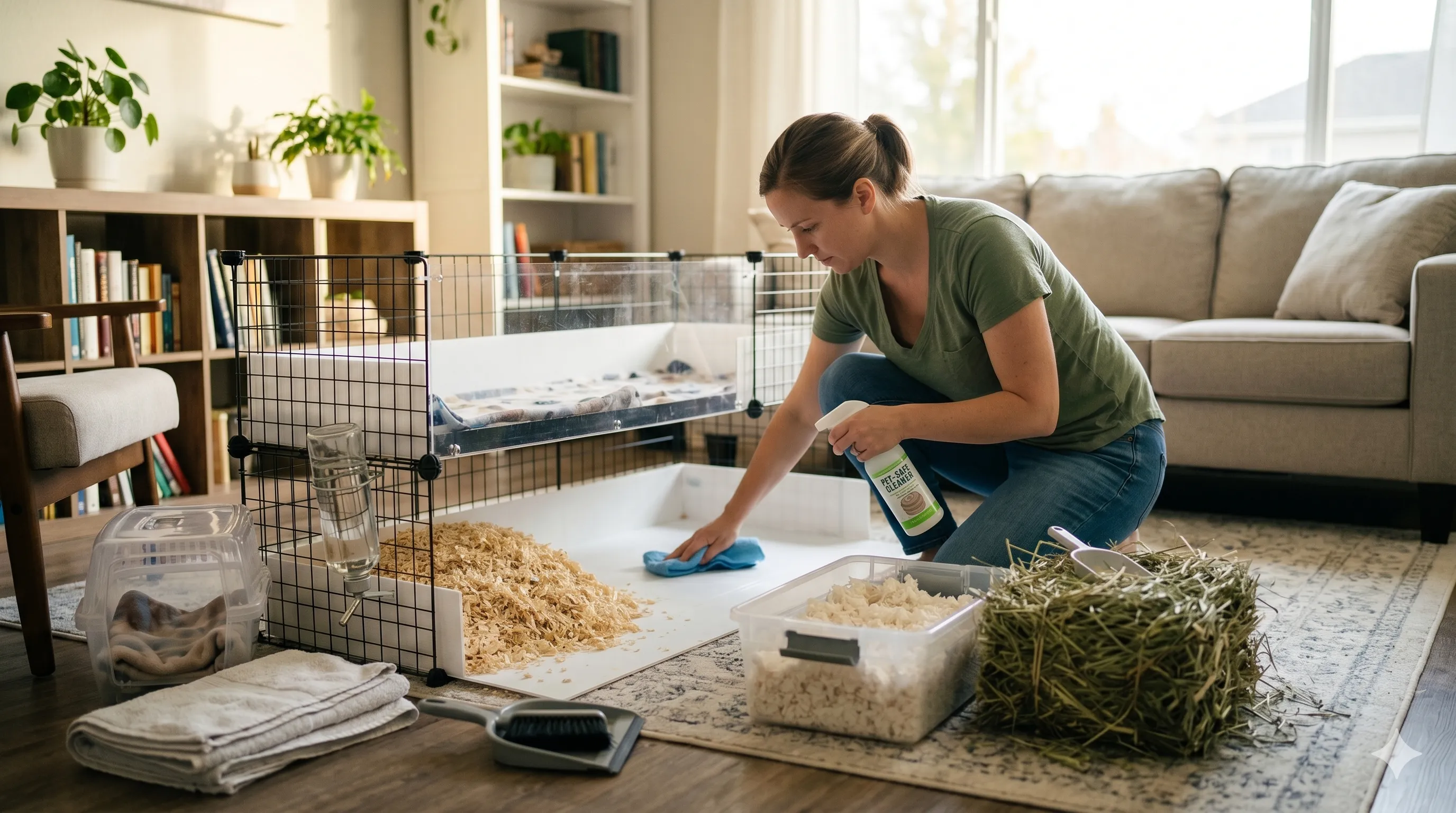 weekly-cage-cleaning-routine Pet owner cleaning guinea pig enclosure during weekly deep cleaning routine