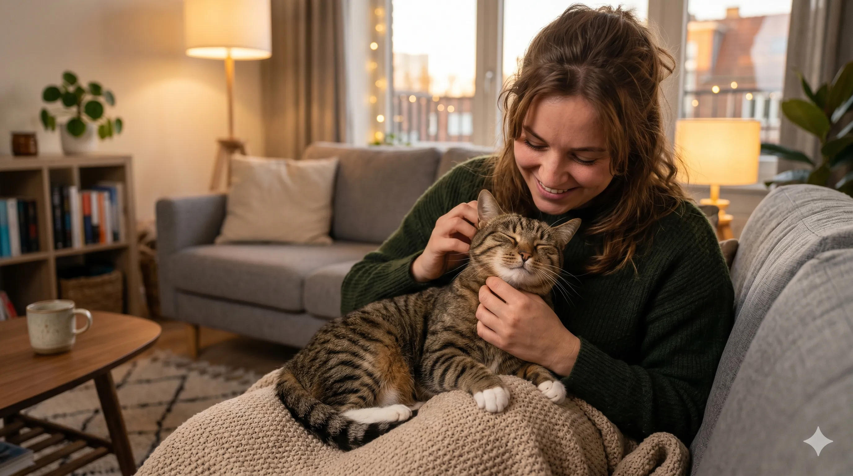 Pet owner gently petting cat while it purrs loudly showing affection