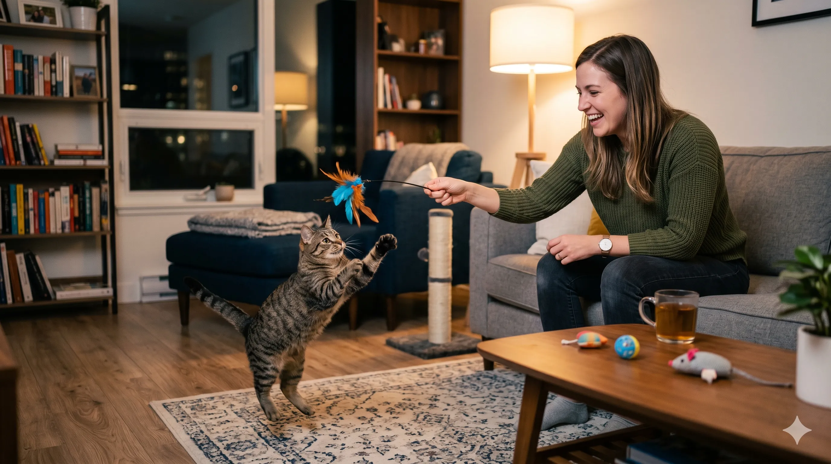 Pet owner playing with cat to manage excess energy and zoomies behavior
