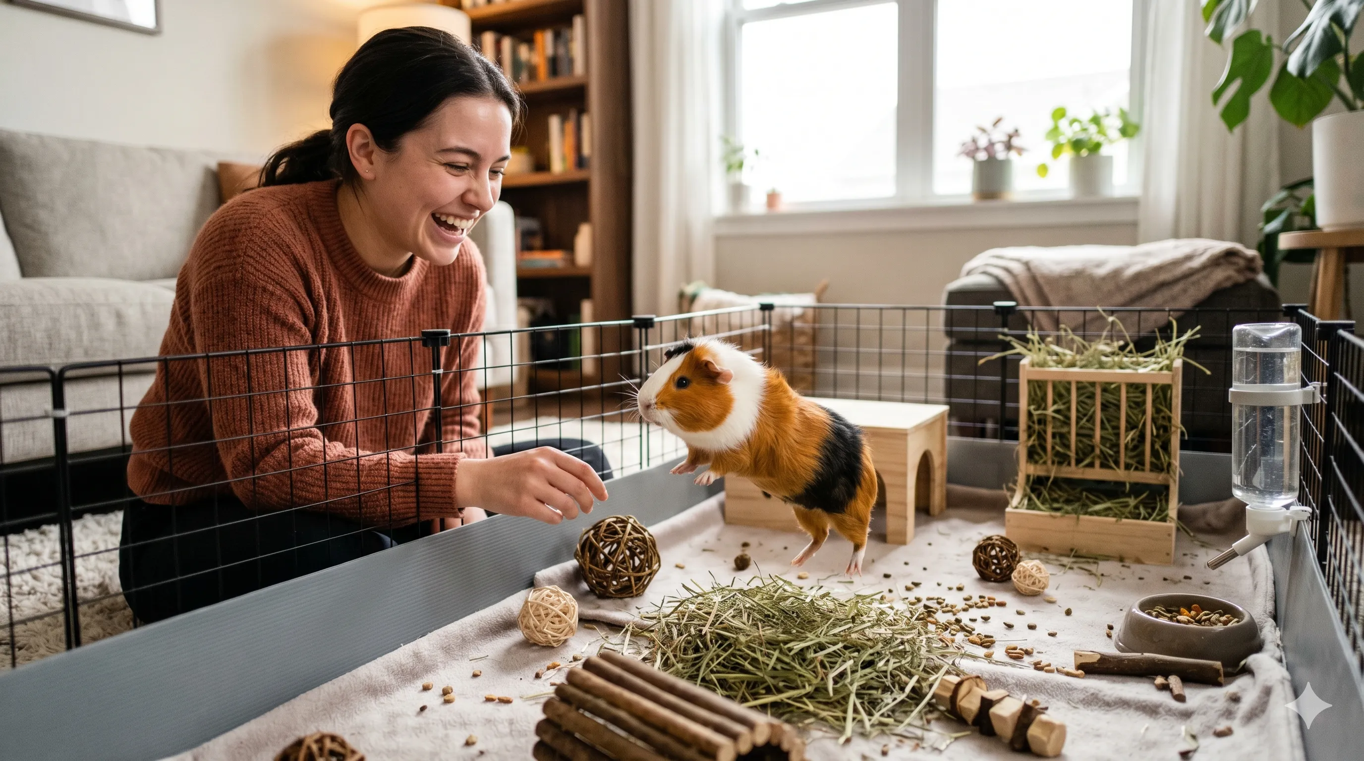 Pet owner interacting with happy guinea pig showing playful popcorning behavior indoors