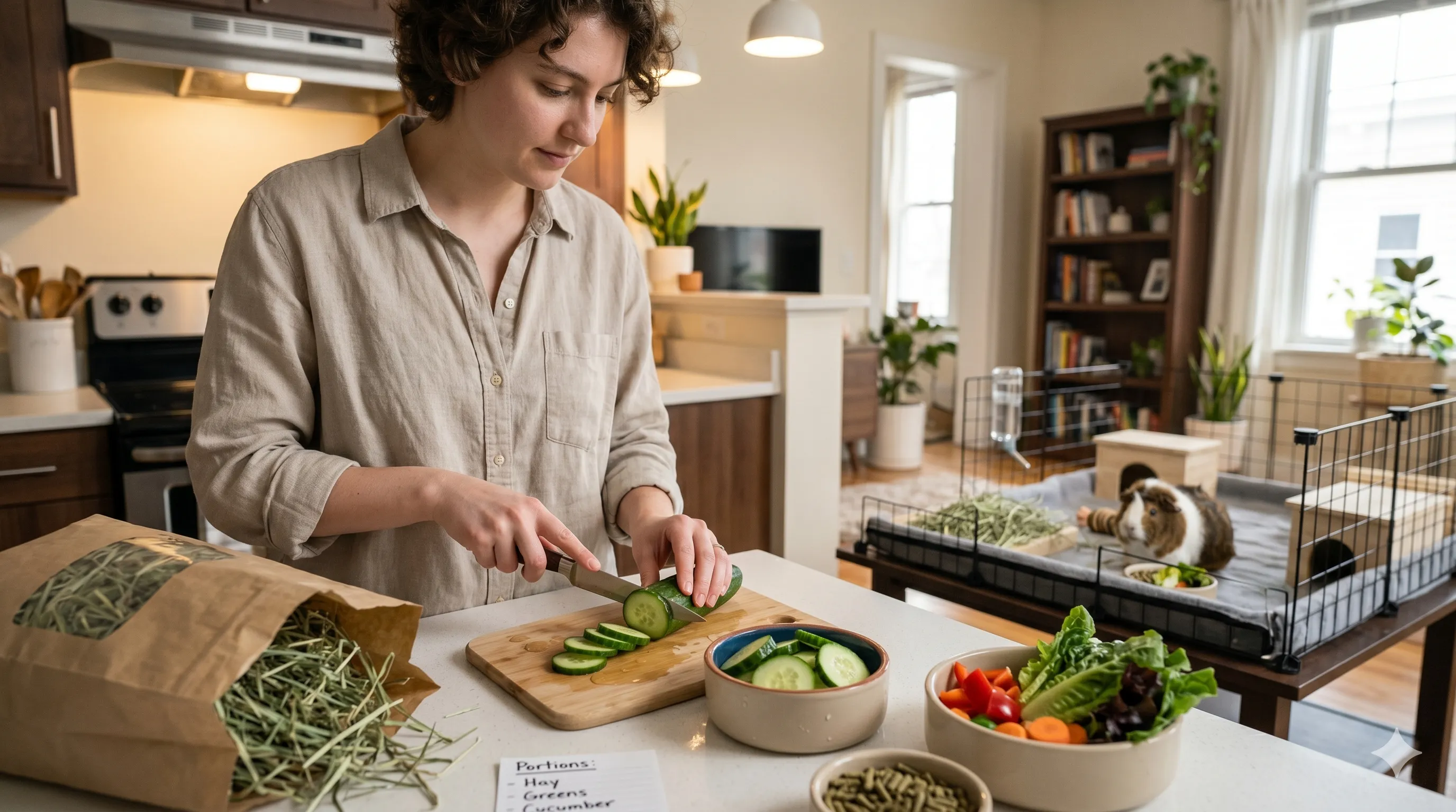Pet owner preparing fresh cucumber slices as hydrating snack for guinea pig indoors