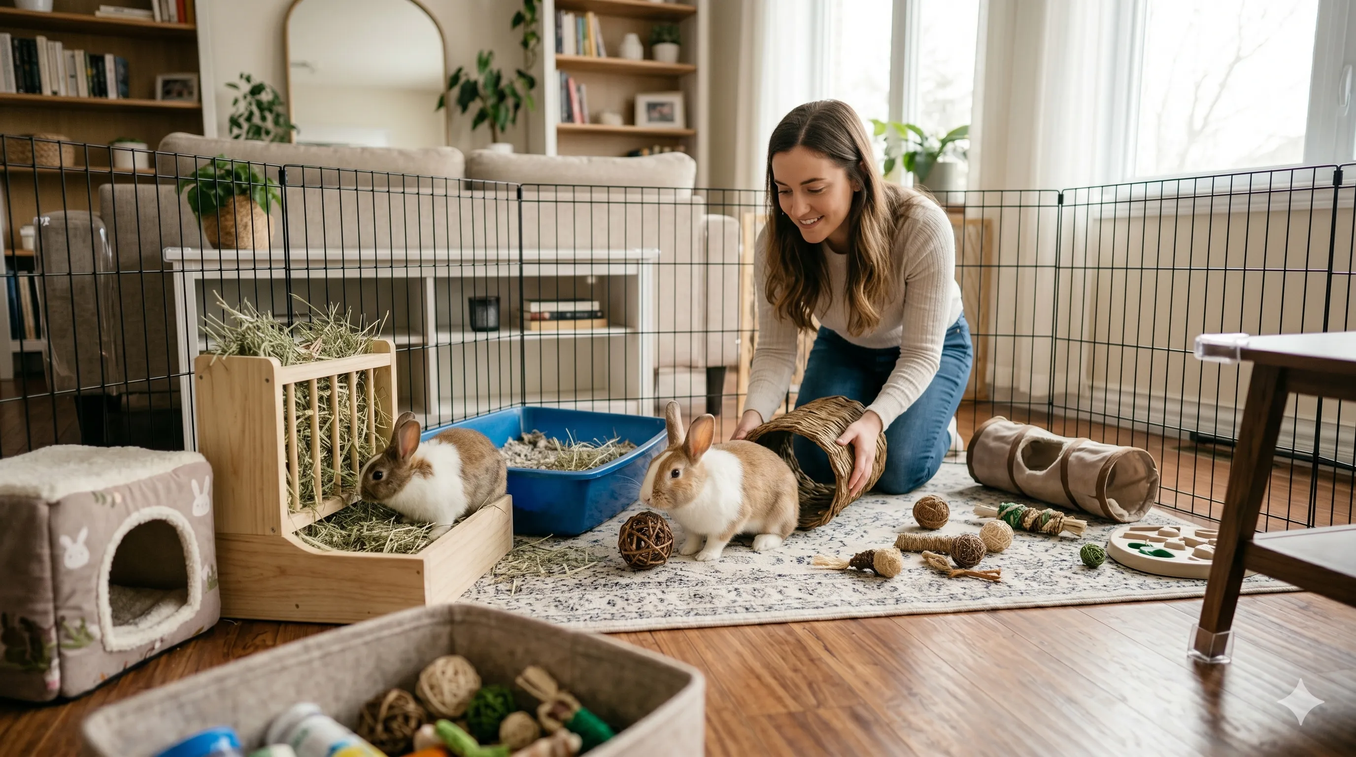 owner-preparing-indoor-rabbit-care-setup-image-2 Pet owner preparing indoor rabbit care setup with litter area hay toys and safe environment