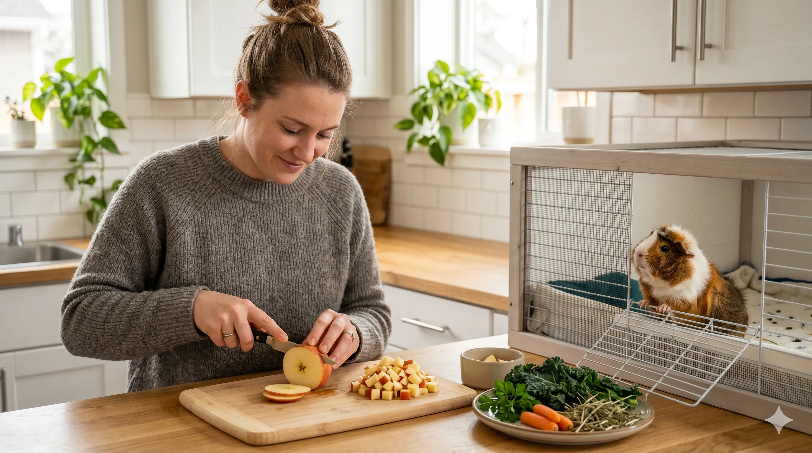 Pet owner preparing seed-free apple slices safely for guinea pig feeding indoors