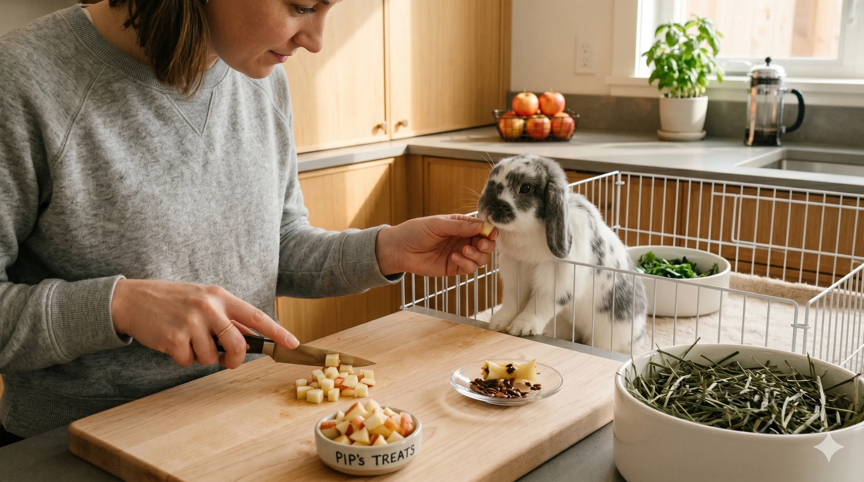 Pet owner preparing seed-free apple slices safely for rabbit feeding indoors