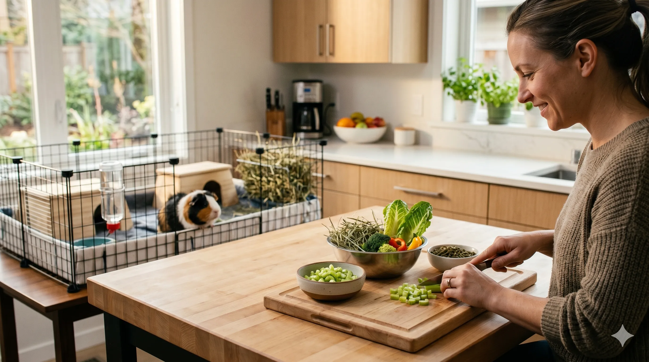 Pet owner cutting celery into safe small pieces for guinea pig feeding indoors
