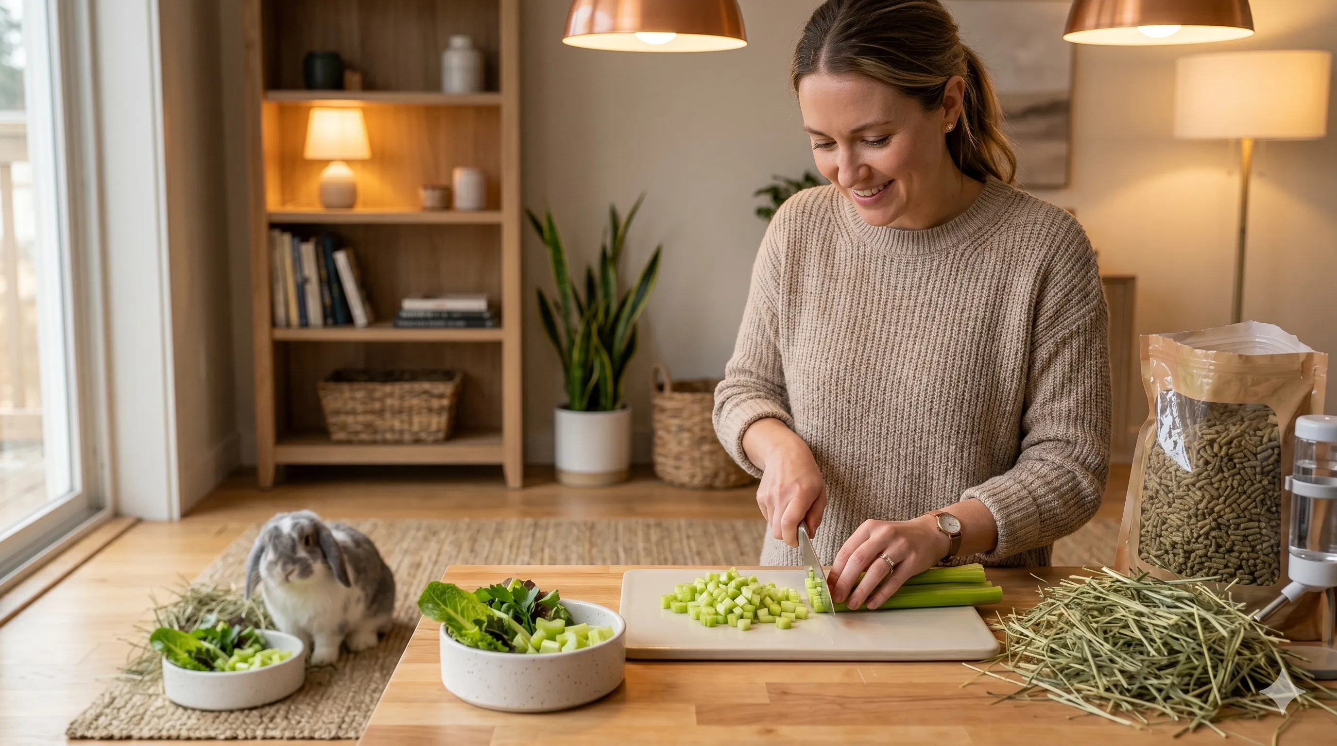 owner-preparing-safe-celery-for-rabbit-image-2 Pet owner cutting celery into safe small pieces for rabbit feeding indoors