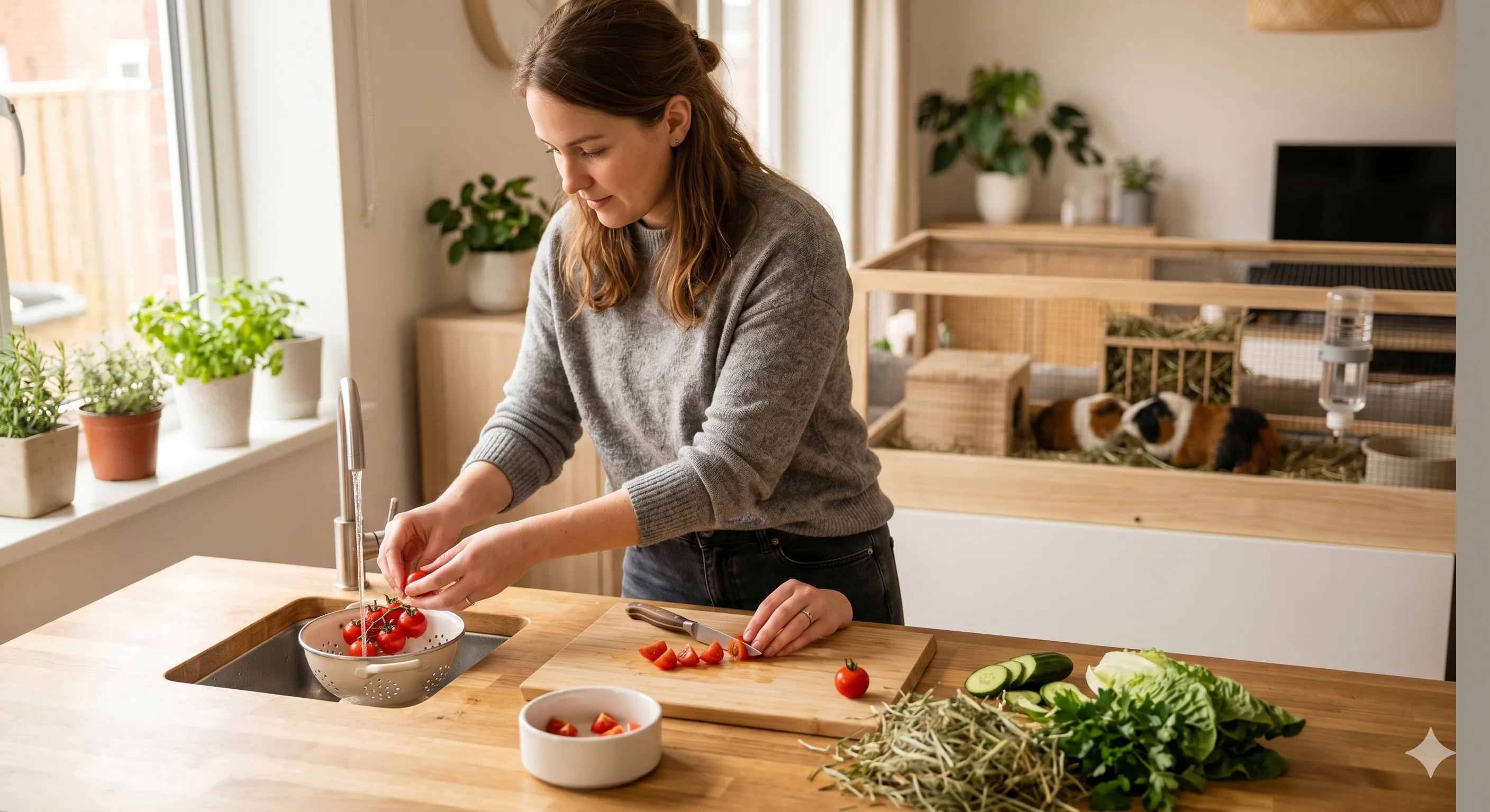Pet owner preparing small tomato portions safely for guinea pig feeding indoors