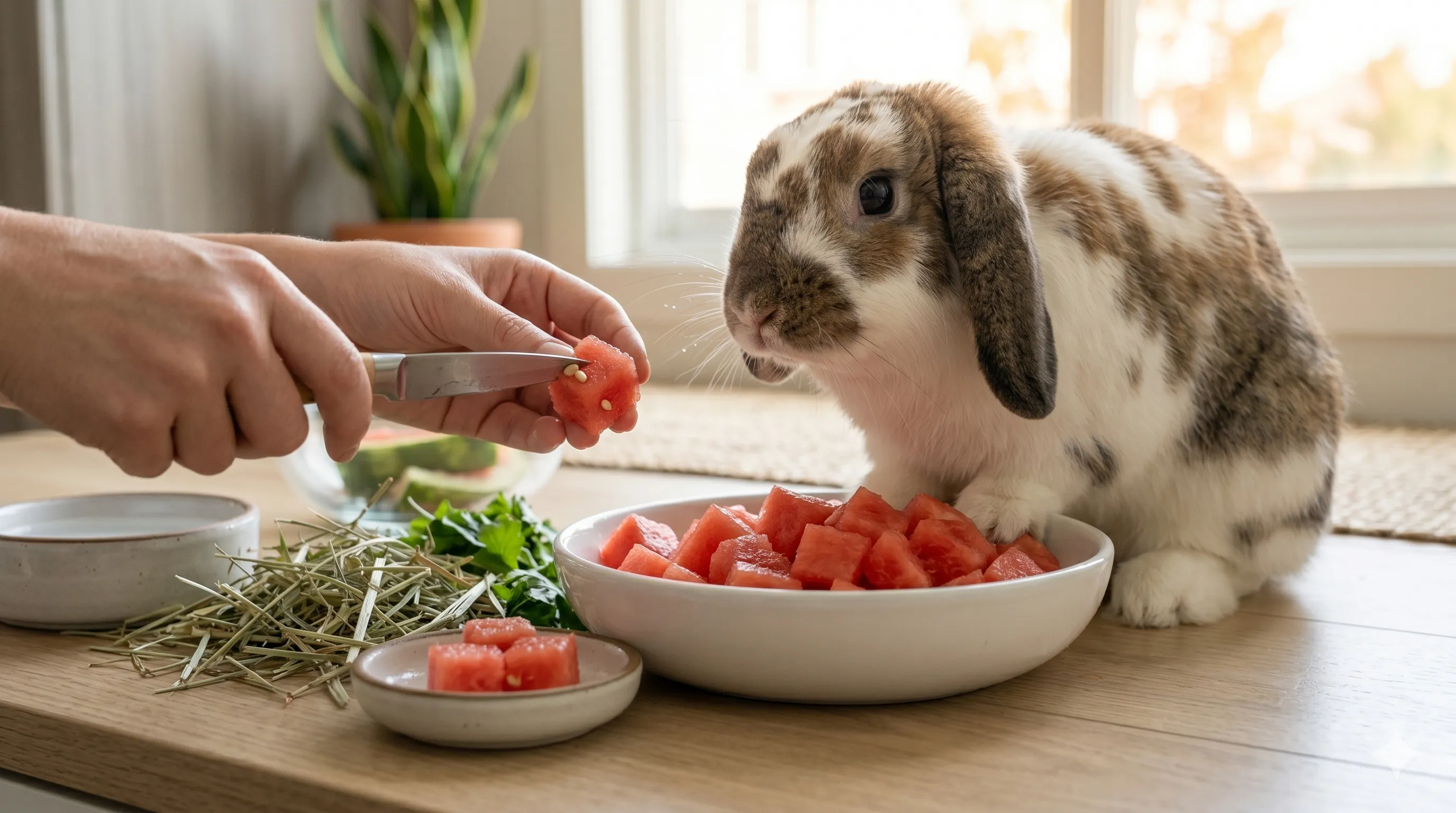 owner-preparing-safe-watermelon-for-rabbit-image-2 Pet owner removing watermelon seeds and preparing safe rabbit treat indoors