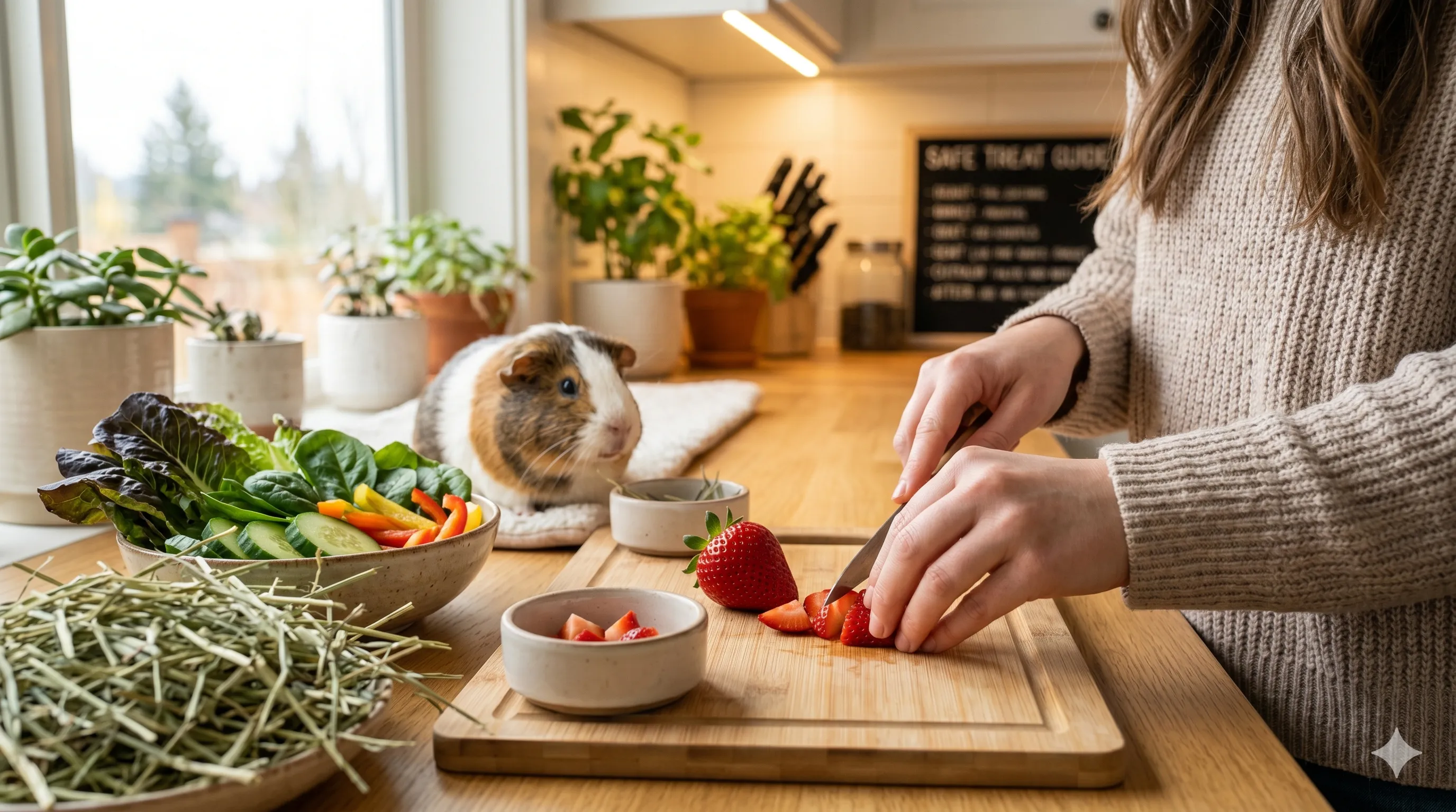 Pet owner preparing small strawberry portions safely for guinea pig feeding indoors