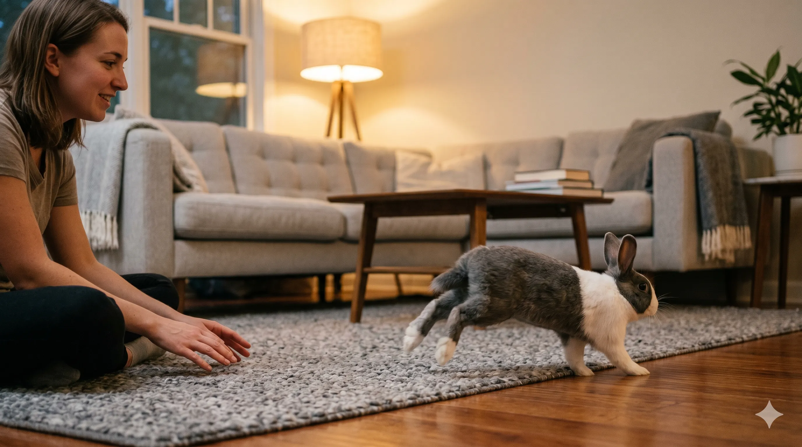 owner-reacting-to-rabbit-feet-flicking-image-2 Pet owner observing rabbit flicking its feet after interaction indoors