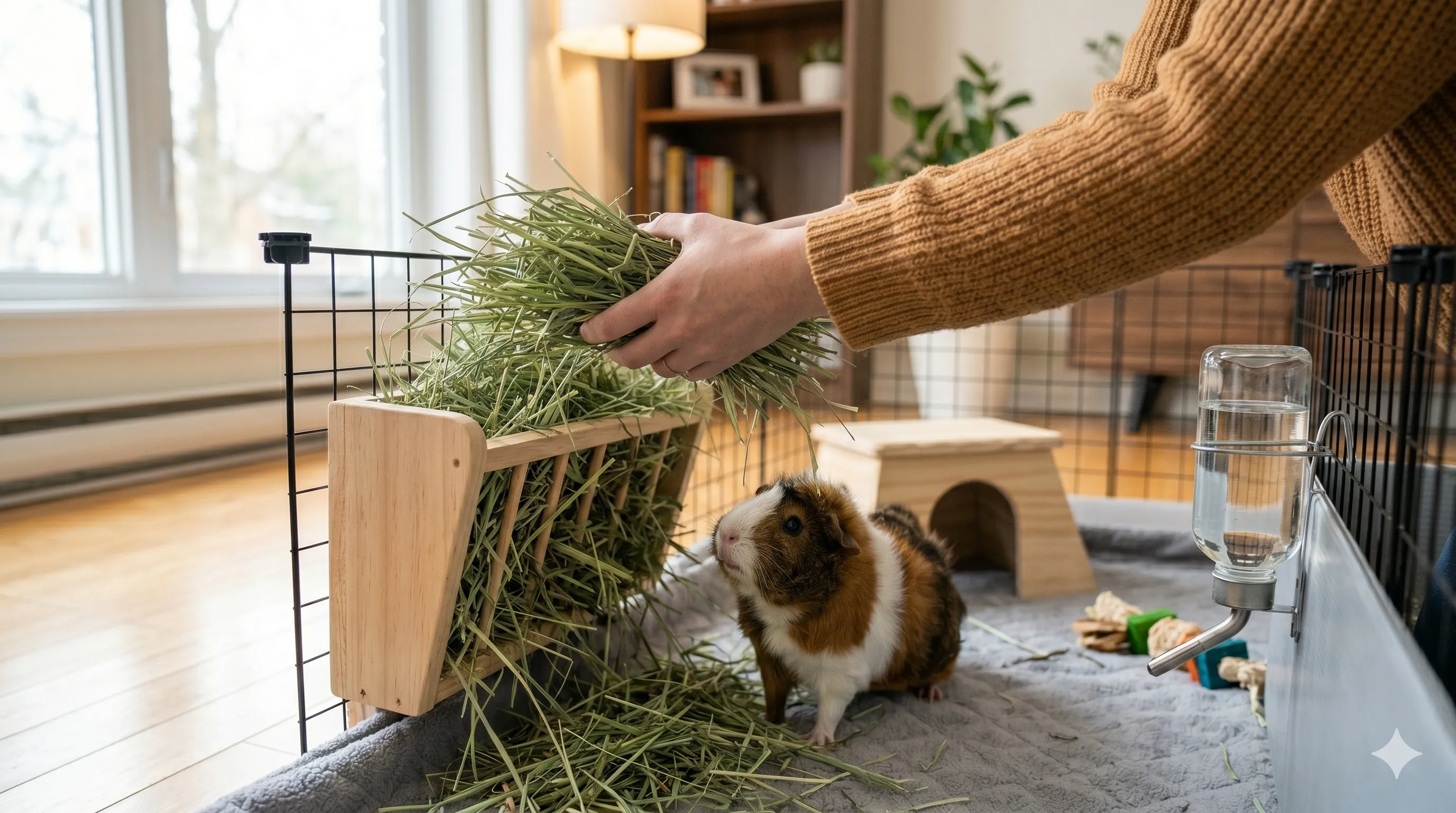 owner-refilling-hay-rack Pet owner refilling hay rack to support guinea pig daily nutrition and digestion