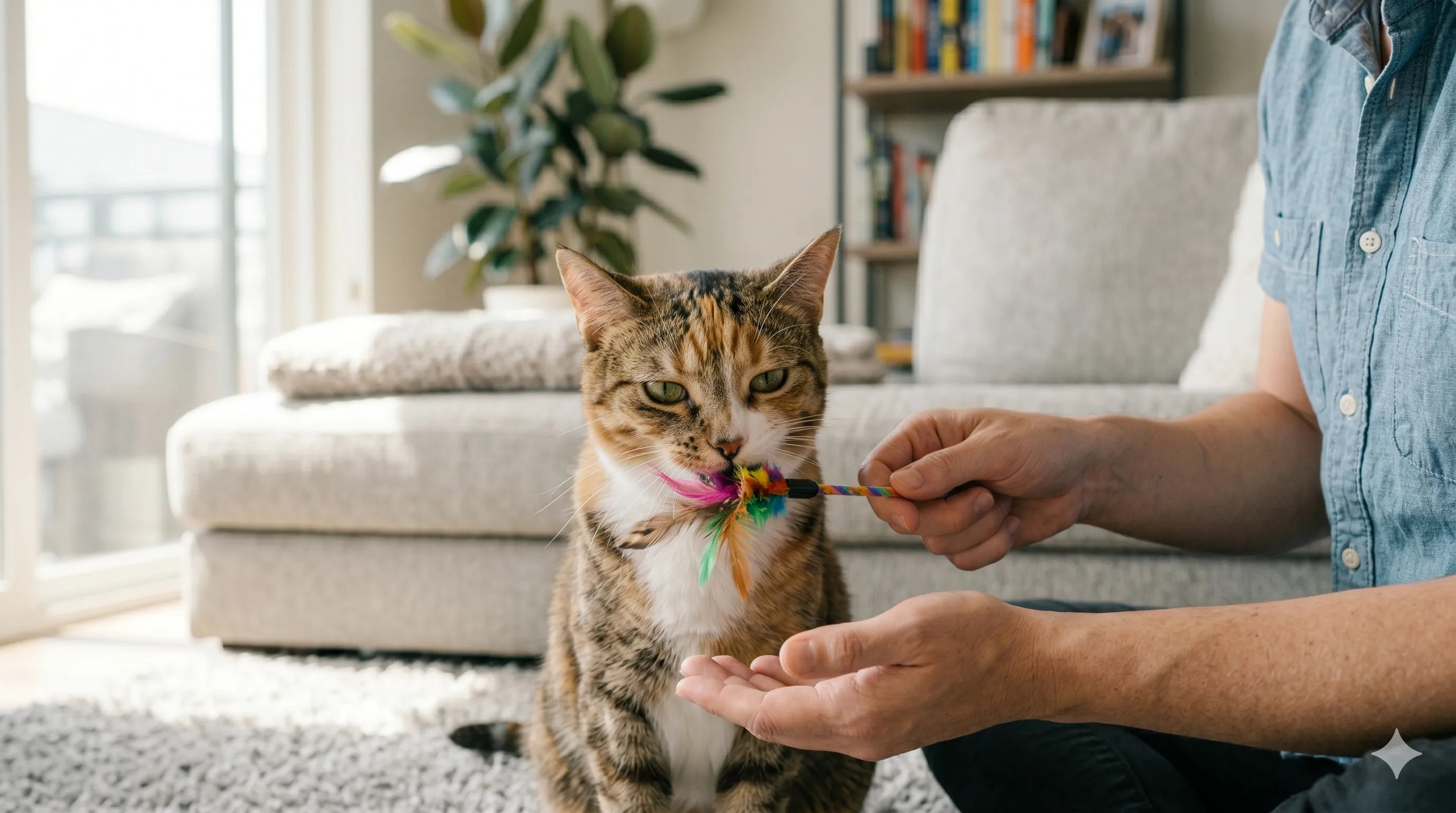 Pet owner calmly responding to cat gentle biting behavior during interaction