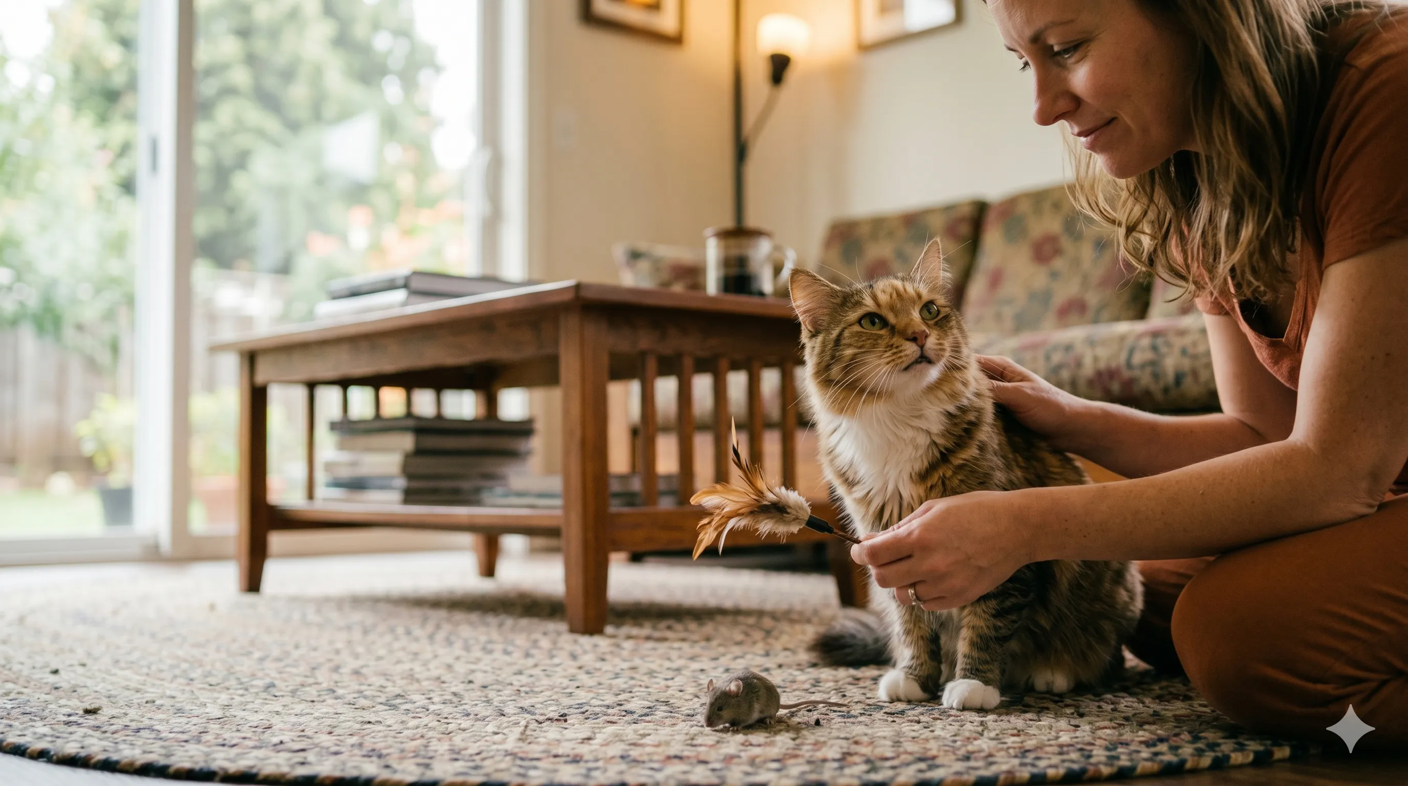 Pet owner calmly responding to cat bringing prey behavior at home