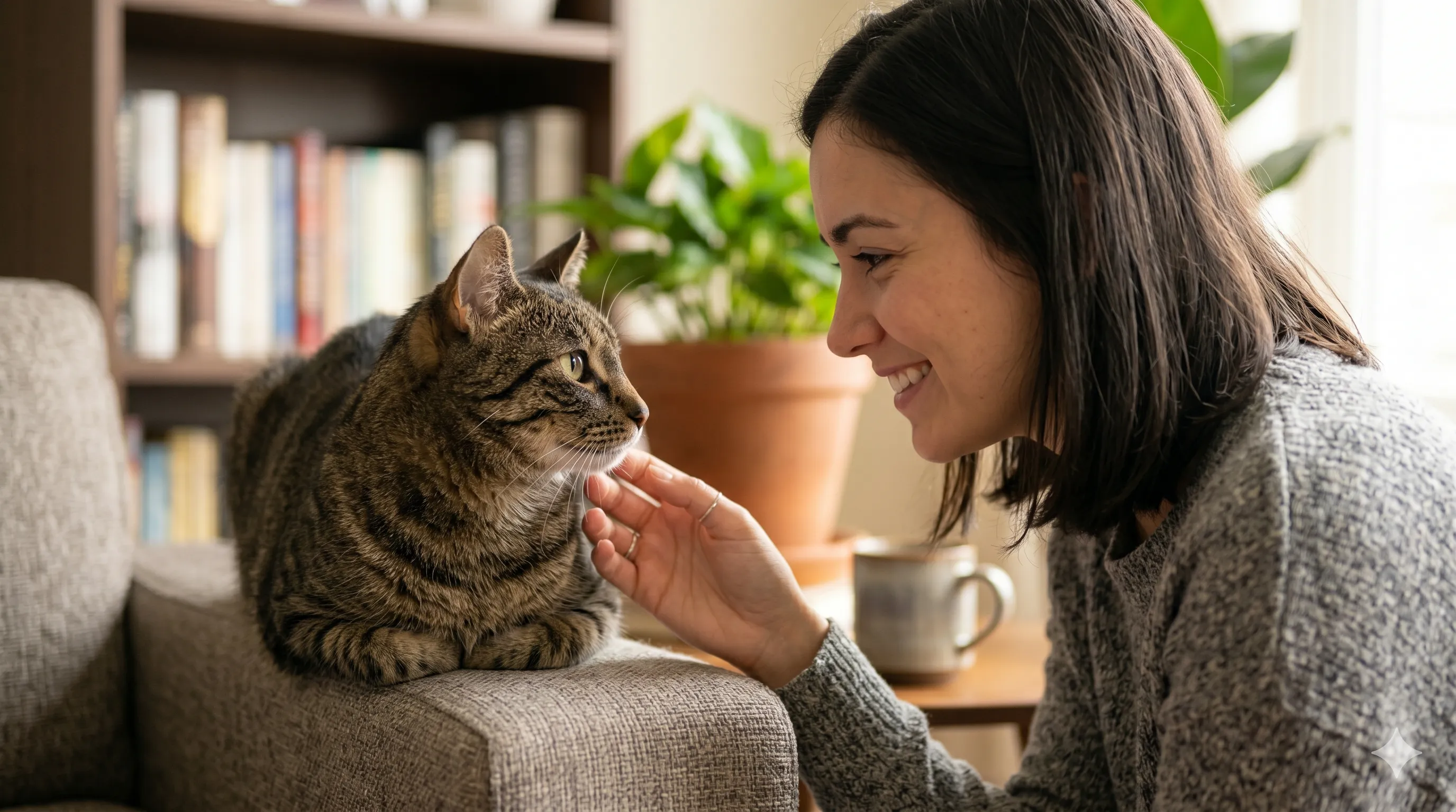 Pet owner interacting with cat responding to its staring behavior