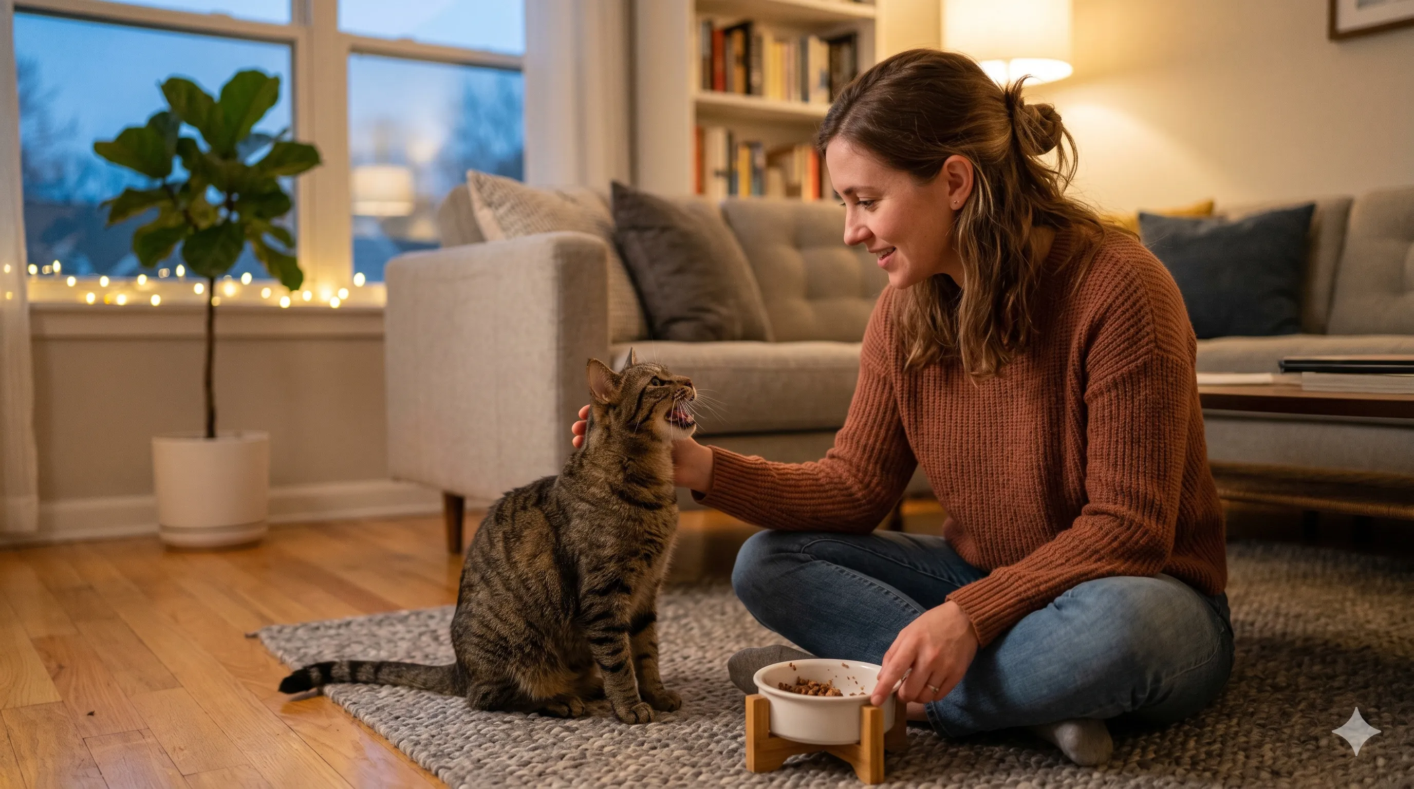 Pet owner interacting with cat to respond to excessive meowing behavior