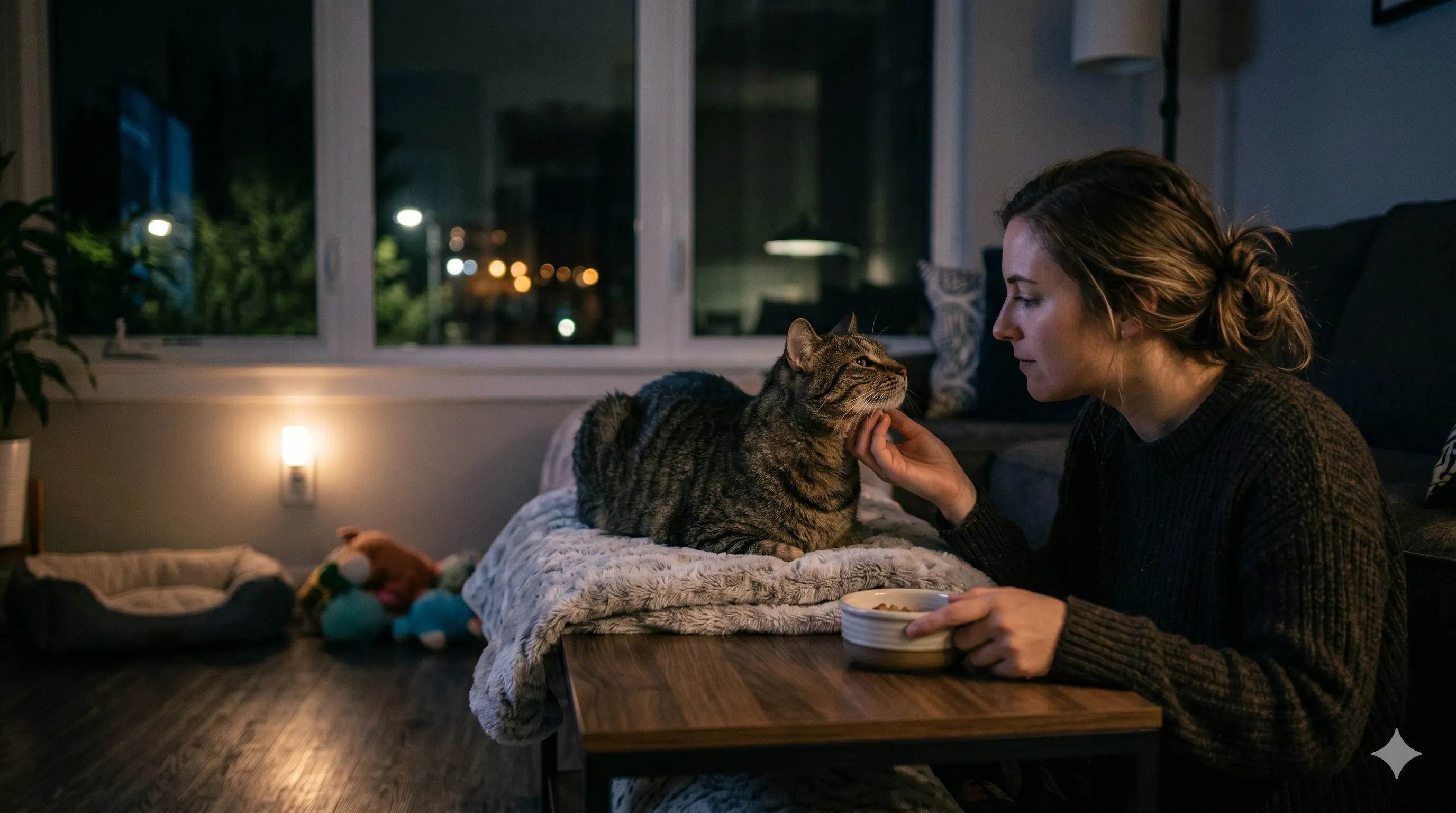 Pet owner responding to cat meowing at night to calm or manage behavior