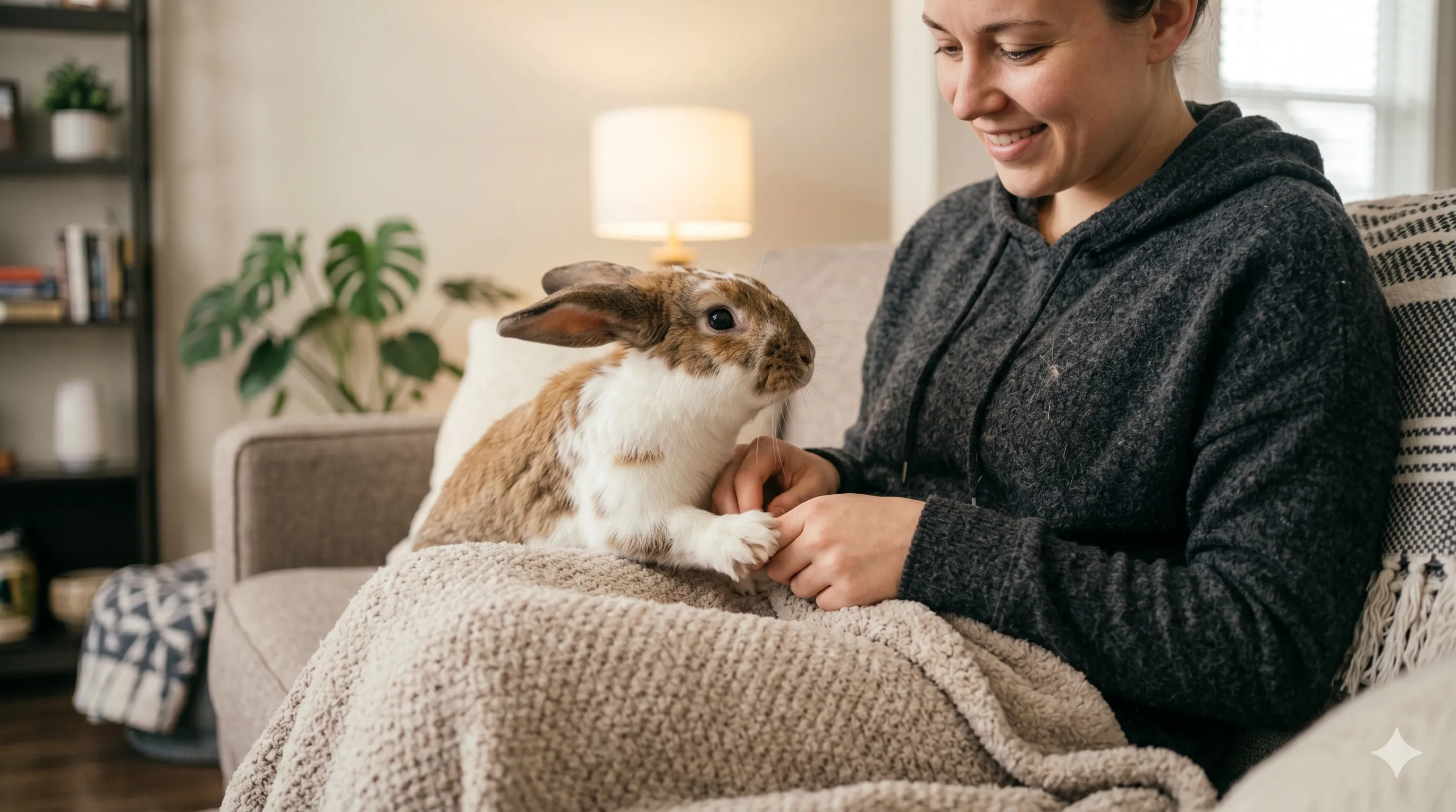 owner-responding-to-rabbit-digging-behavior-image-2 Pet owner interacting with rabbit showing digging and attention-seeking behavior indoors
