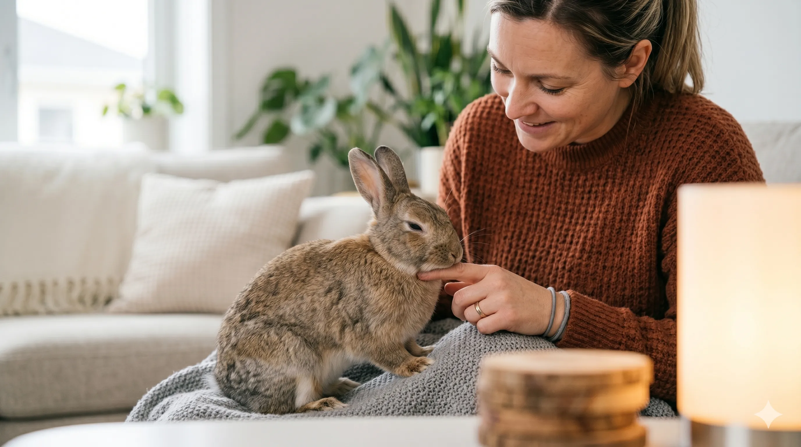 owner-responding-to-rabbit-love-bites-image-2 Pet owner calmly interacting with rabbit showing soft biting or nibbling behavior