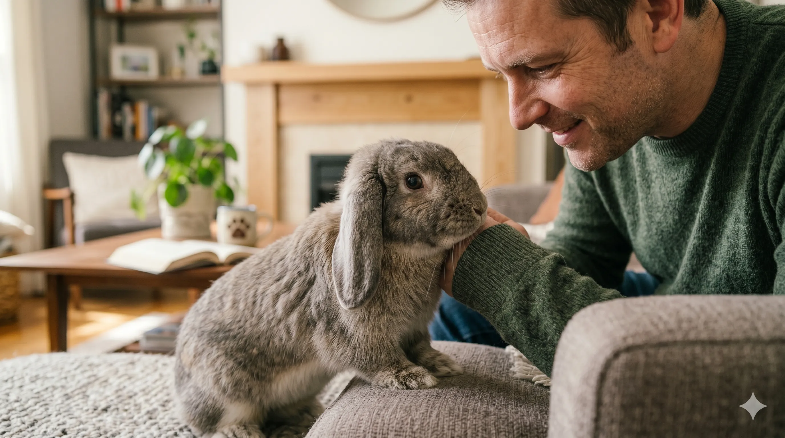Pet owner interacting with rabbit responding to nudging behavior indoors