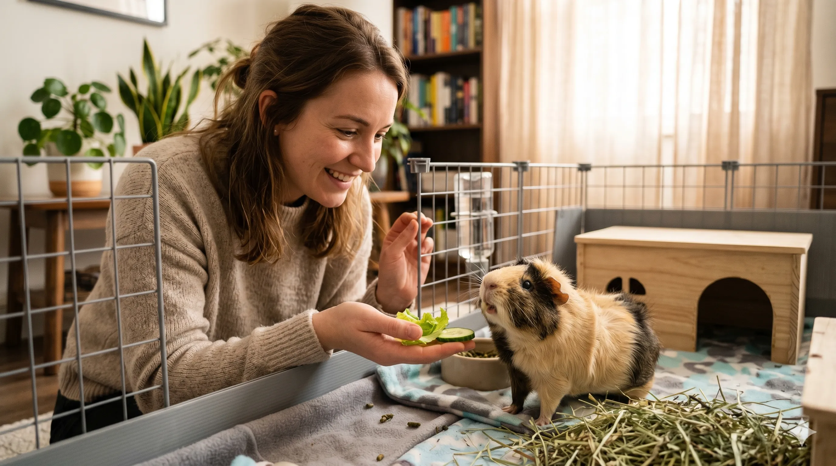 Pet owner interacting with squeaking guinea pig during attention-seeking behavior indoors