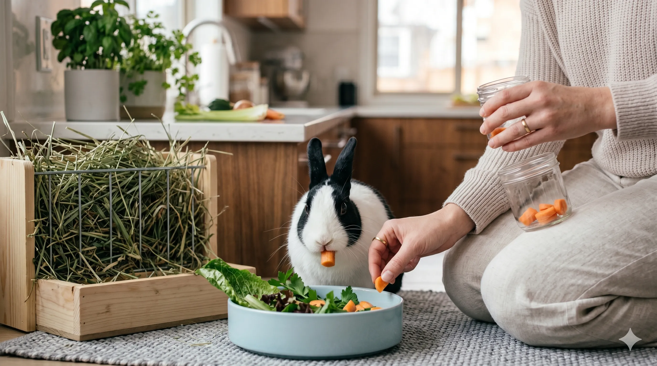 owner-serving-balanced-rabbit-treats-image-2 Pet owner preparing balanced rabbit diet with limited carrot treats indoors