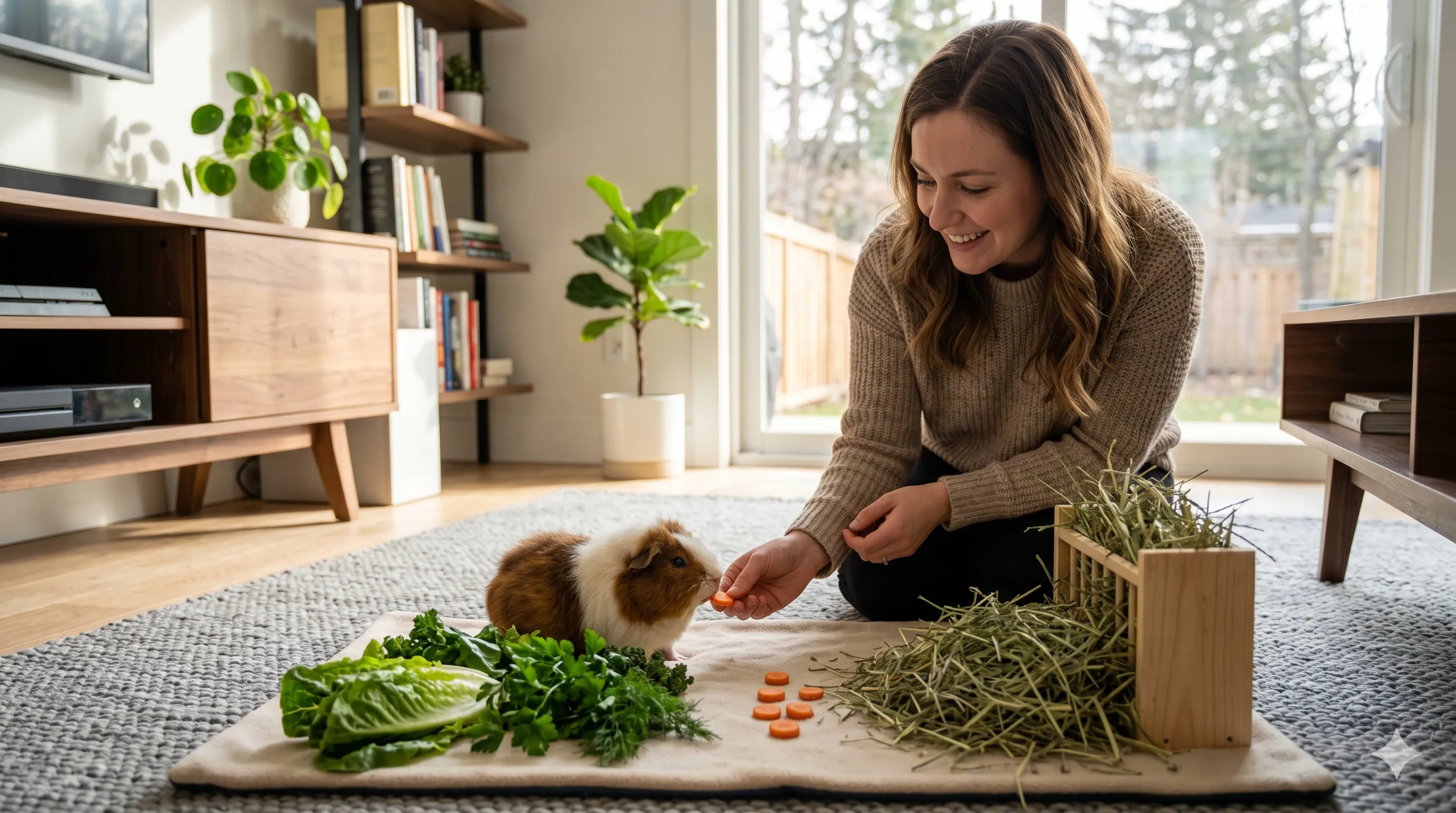 Pet owner offering small carrot treats to guinea pig as part of balanced diet indoors