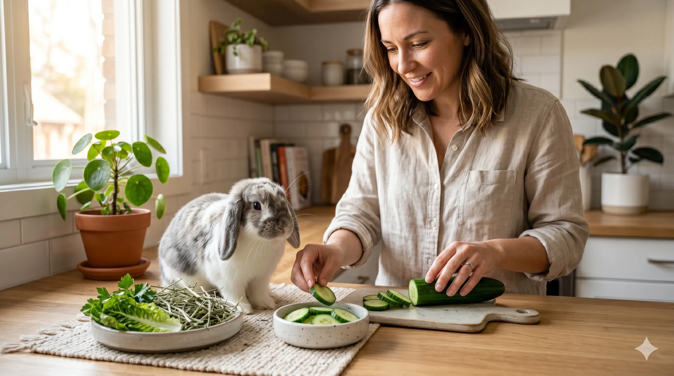 owner-serving-cucumber-to-rabbit-safely-image-2 Pet owner serving small cucumber portions safely to rabbit indoors