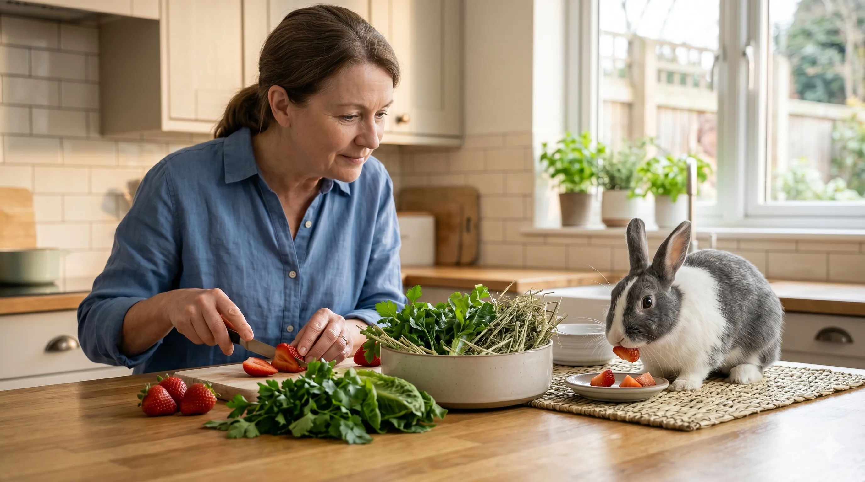 owner-serving-safe-strawberry-treats-image-2 Pet owner preparing and serving small strawberry treats safely to rabbit indoors