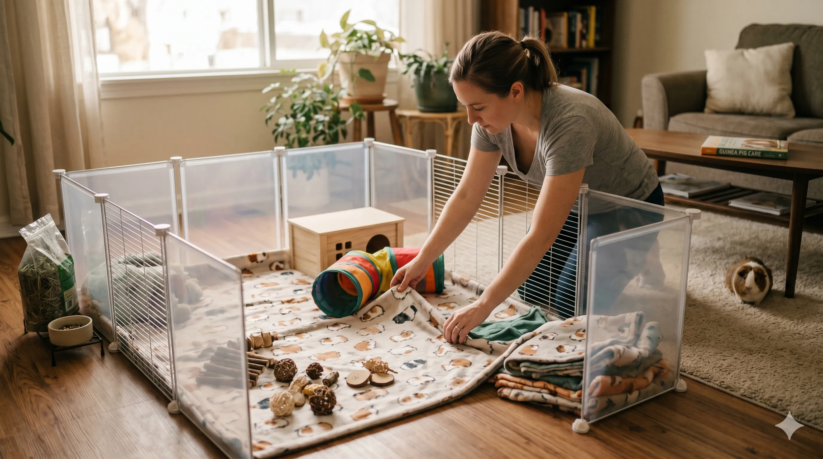 owner-setting-up-playpen Pet owner arranging a safe indoor exercise playpen for guinea pigs