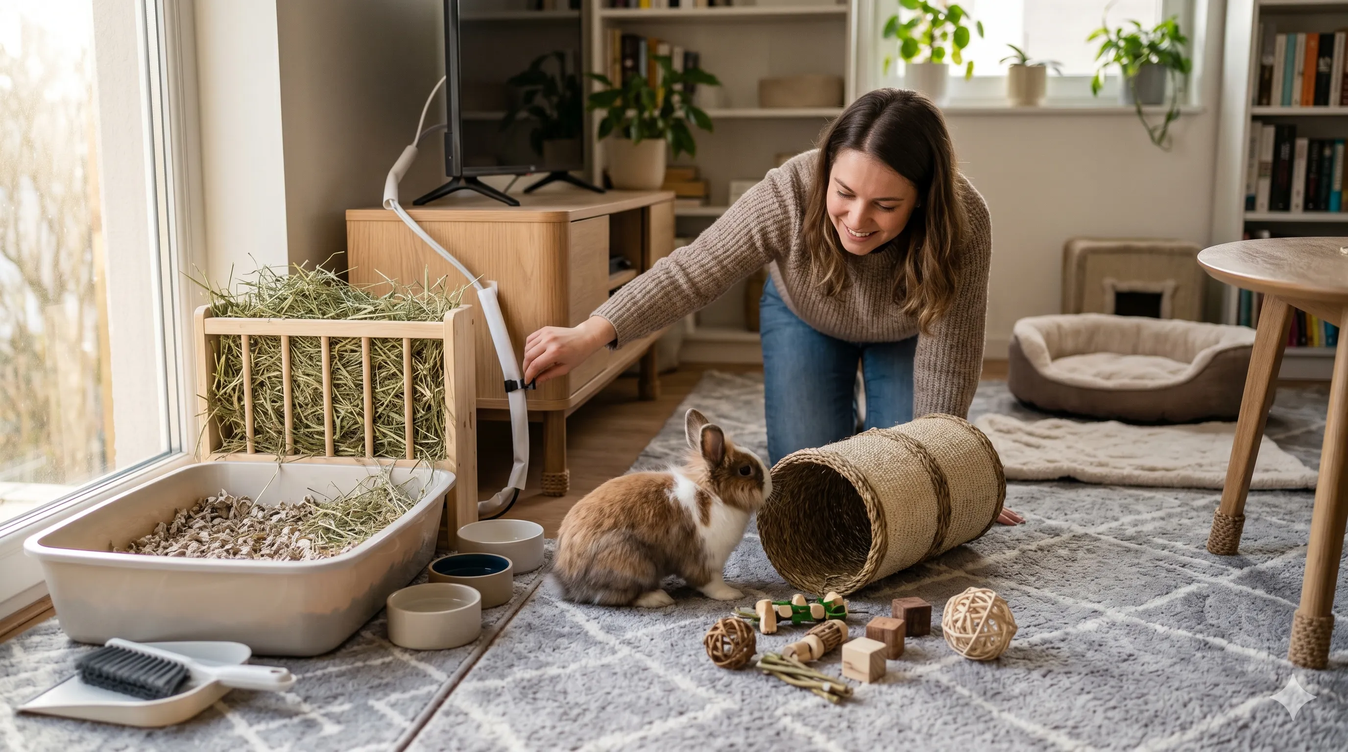 Pet owner preparing rabbit-proofed indoor room with safe free roam setup and enrichment