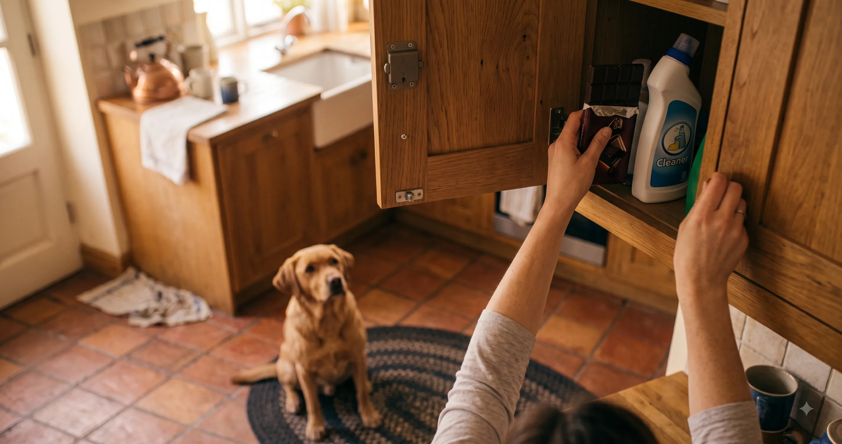 owner-storing-toxic-items-safely-image-3 Owner placing chocolate and household chemicals safely out of a dog's reach