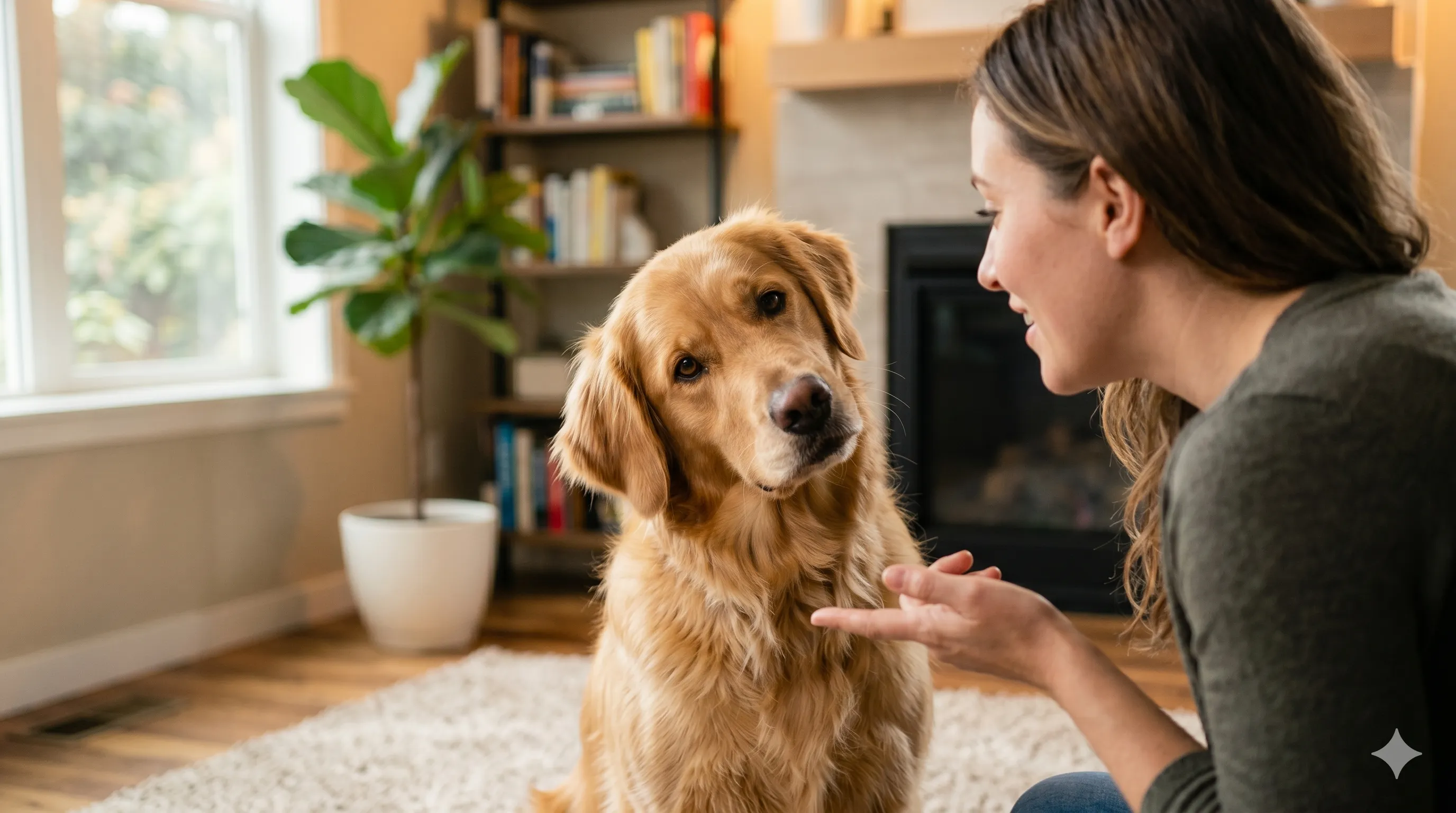Pet owner talking to dog causing head tilt response during interaction