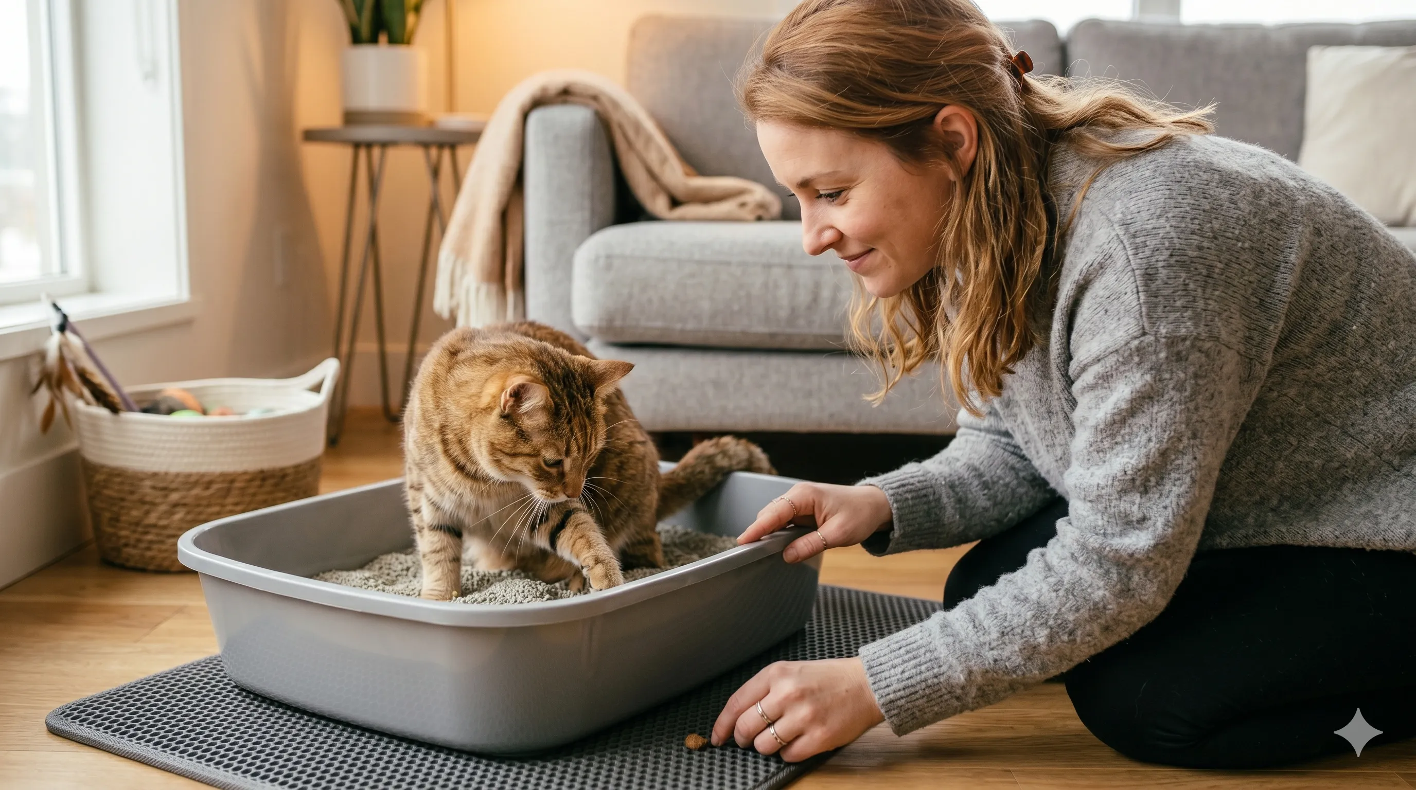 Pet owner guiding cat to use litter box during training process