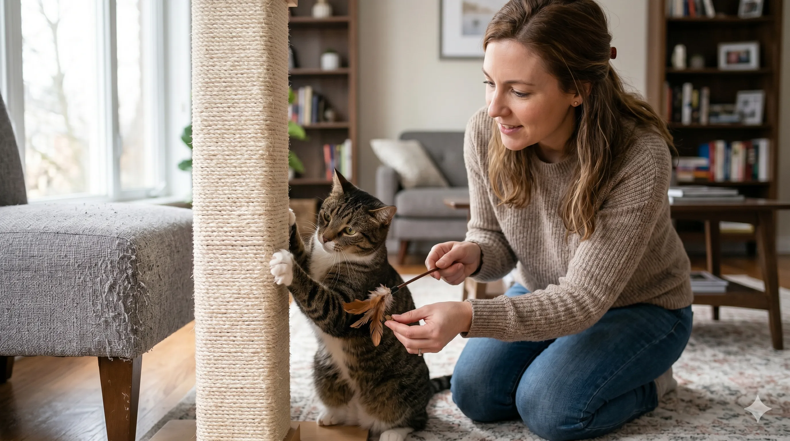 Pet owner redirecting cat to scratching post to stop furniture damage