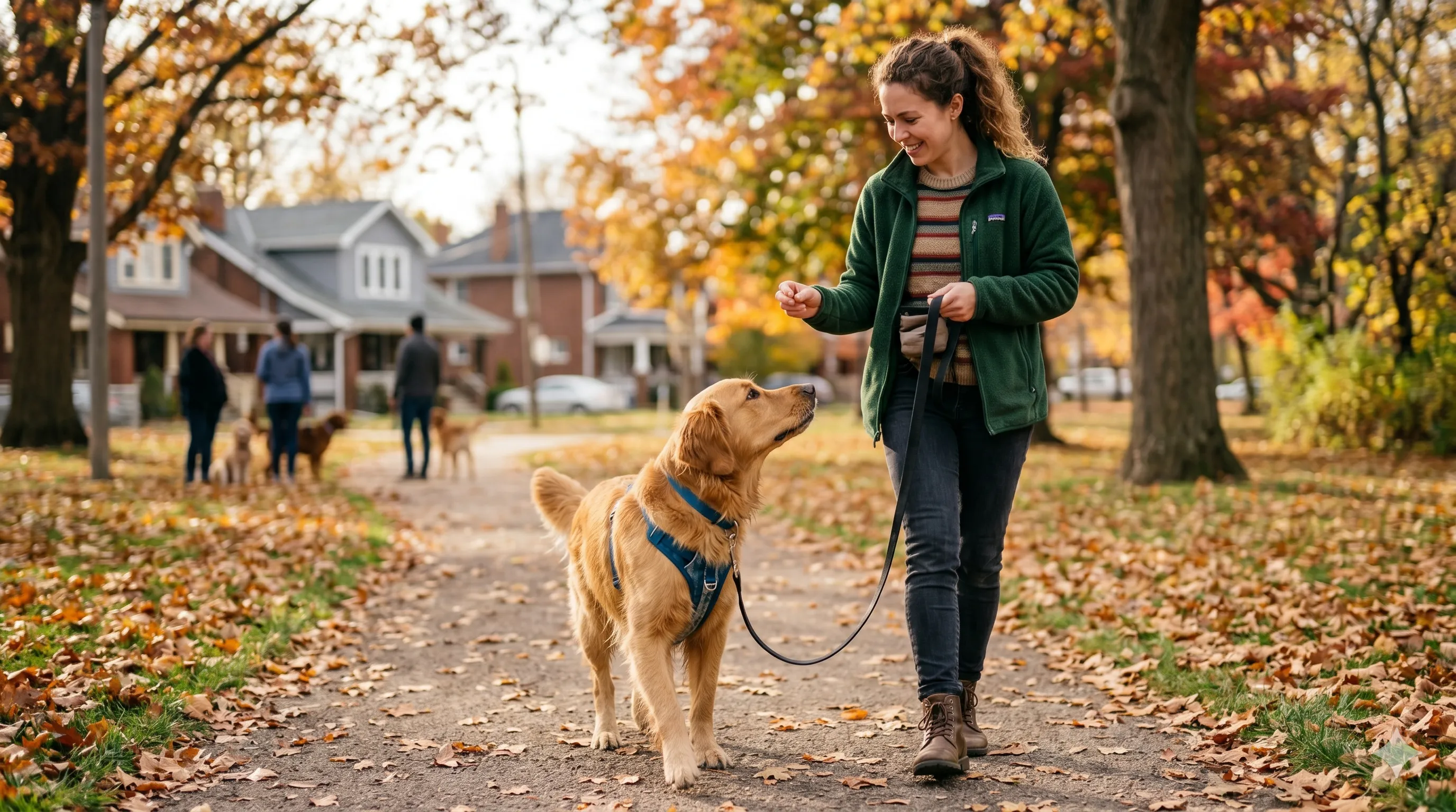 Pet owner training dog to walk calmly on leash using proper technique