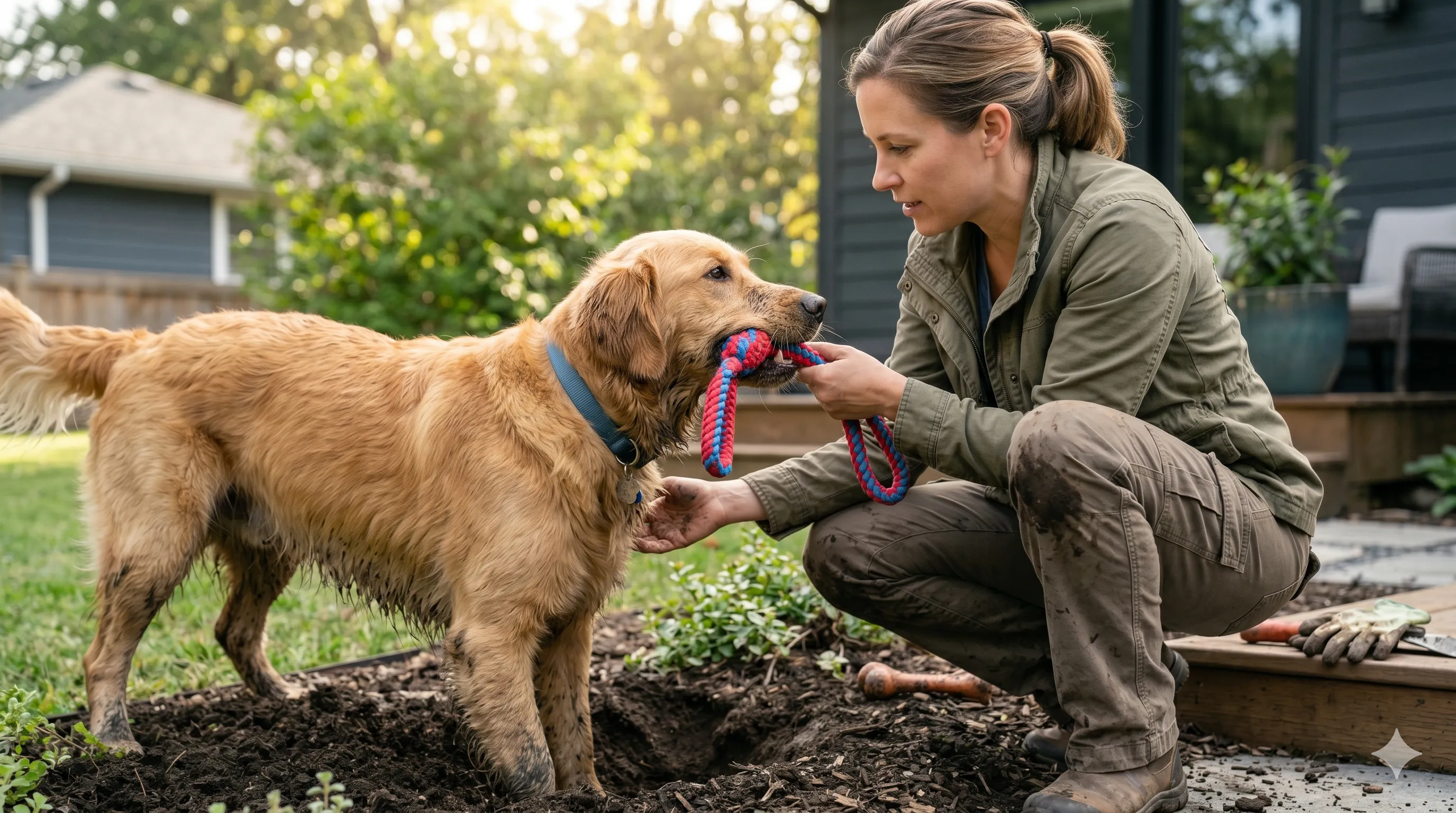 Pet owner training dog to stop digging holes using redirection techniques
