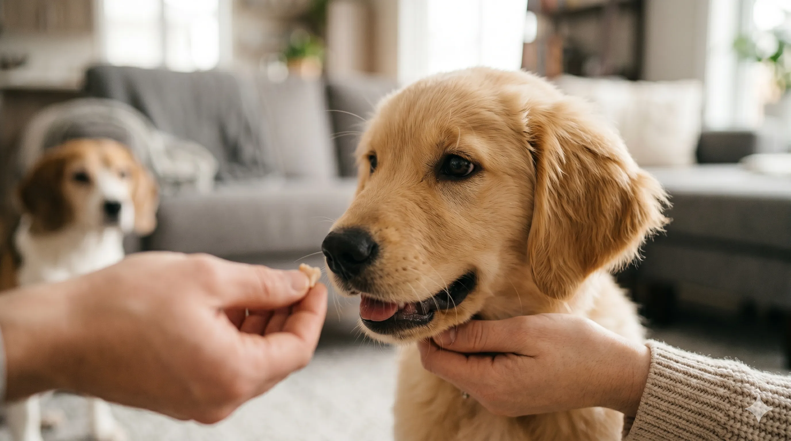 Close-up of puppy interacting with new people showing curiosity and friendliness