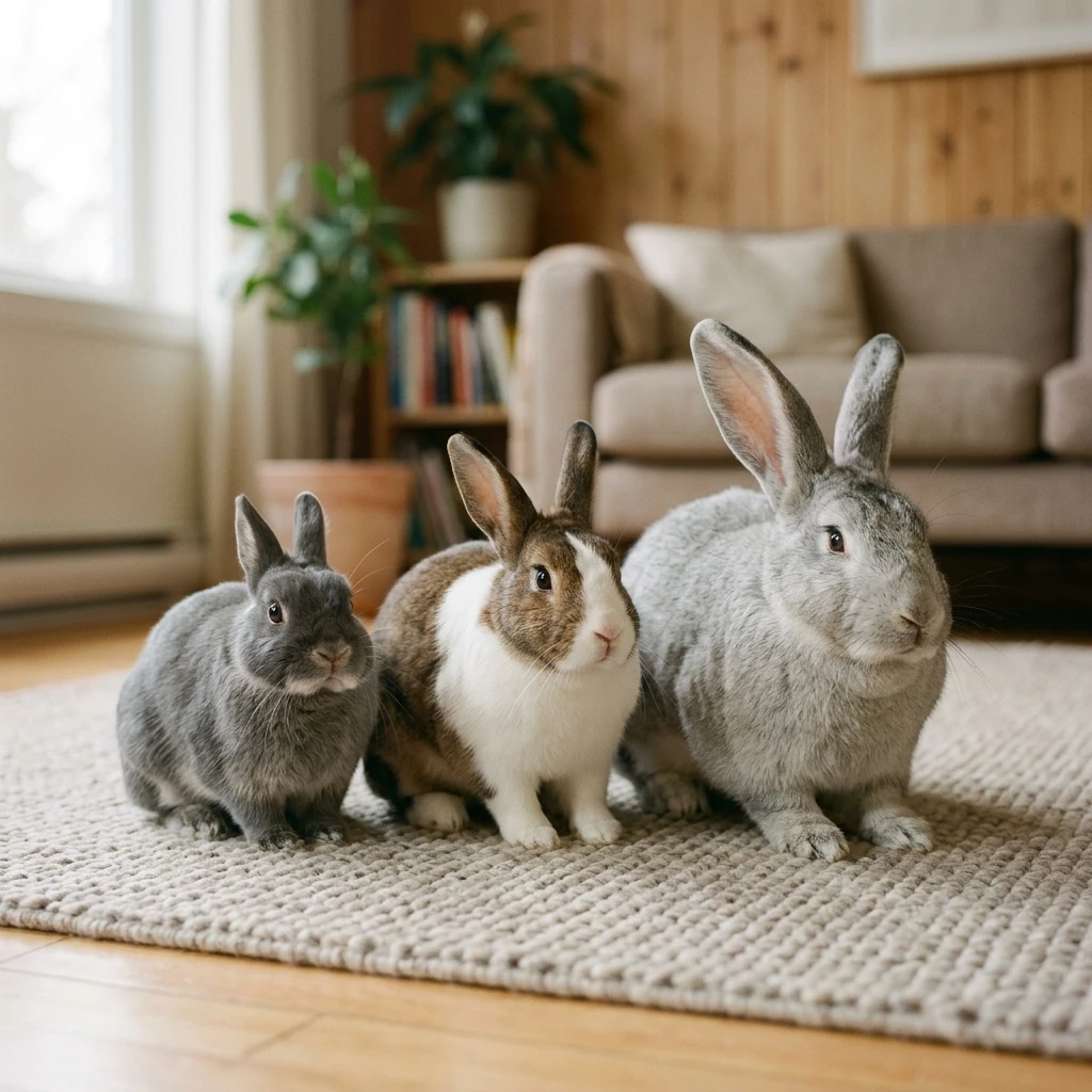 Different rabbit breed sizes shown side by side from dwarf to giant
