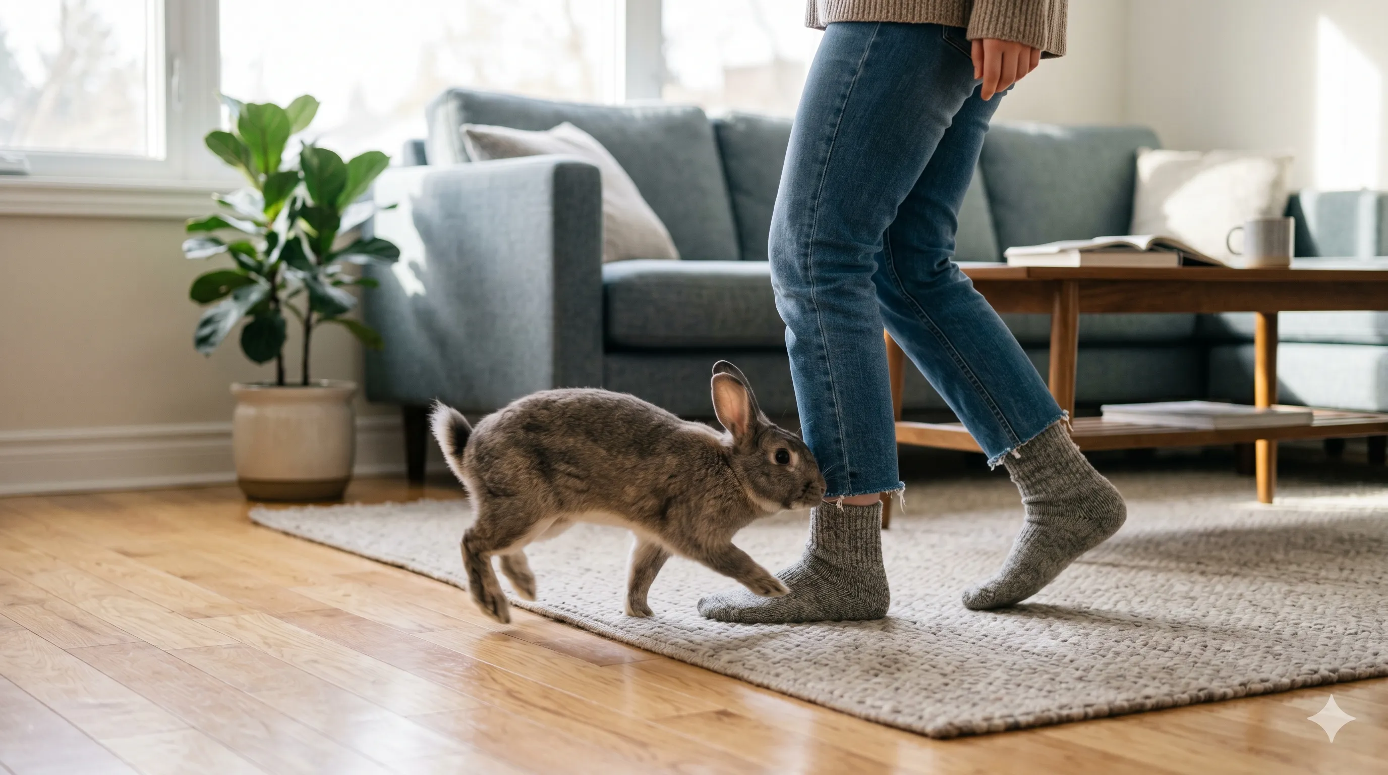 Rabbit circling around owner's feet showing excitement and social behavior