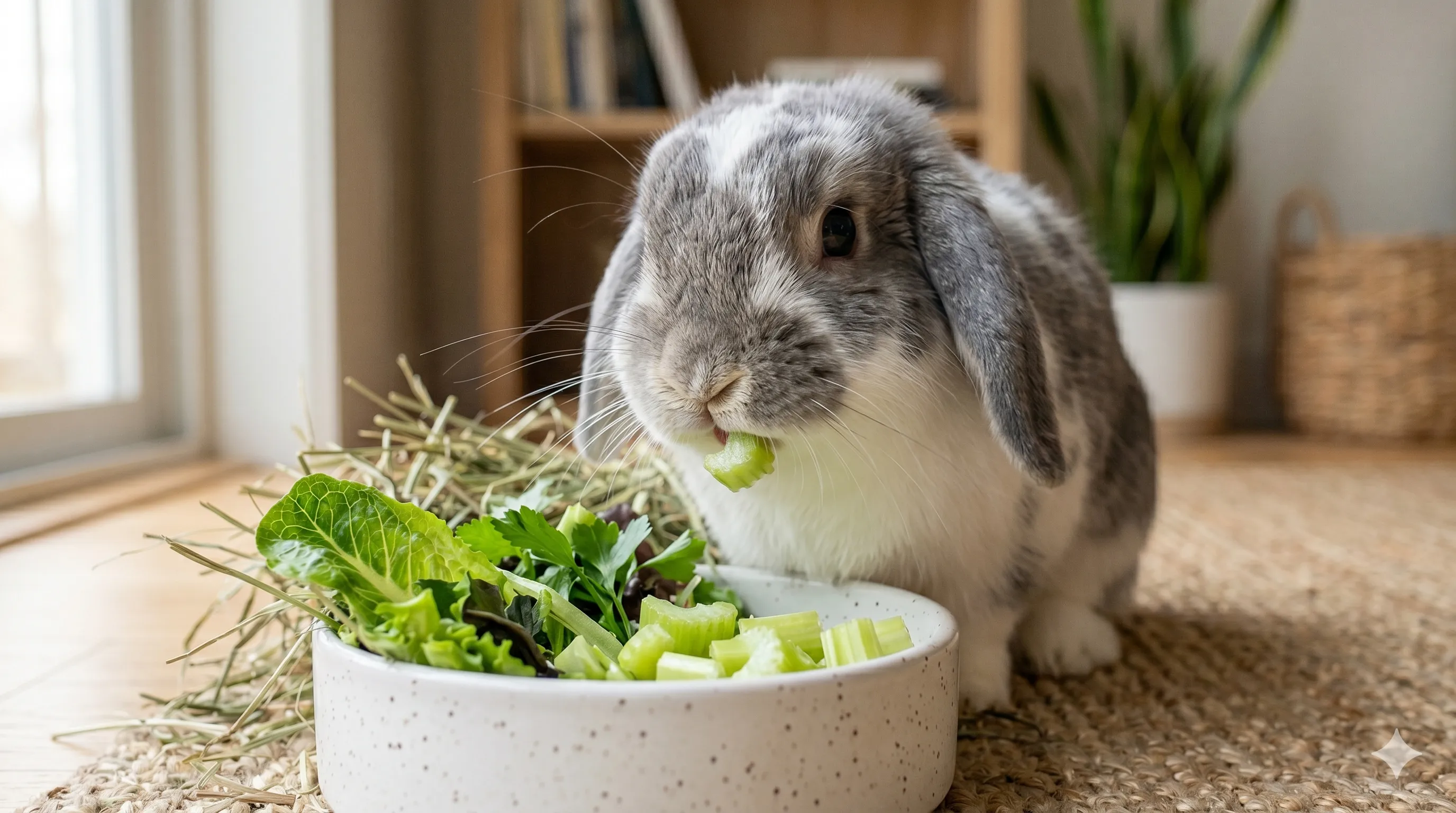 rabbit-eating-chopped-celery-closeup-image-1 Close-up of rabbit eating safely chopped celery pieces in healthy feeding setup