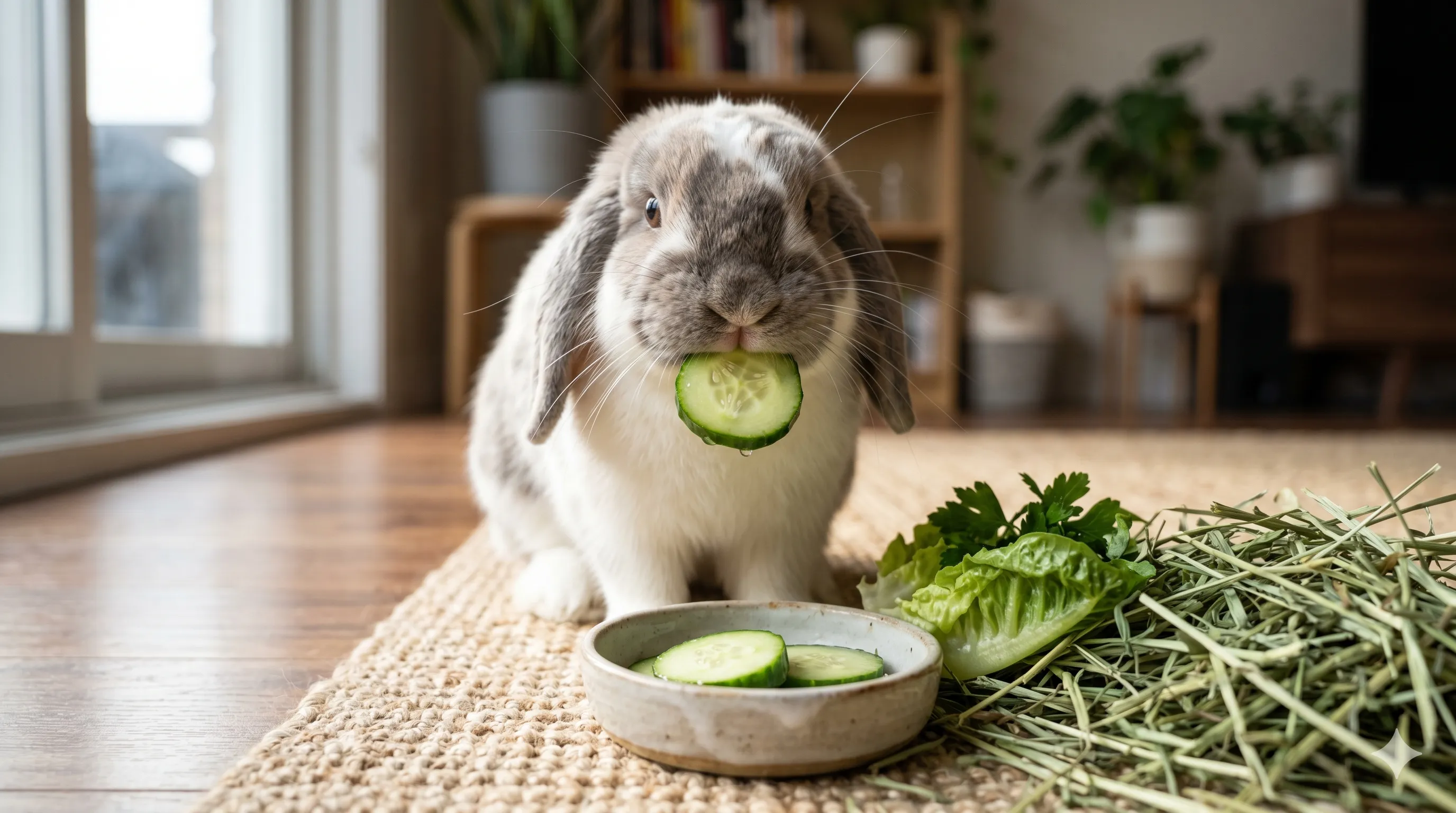 rabbit-eating-fresh-cucumber-slices-closeup-image-1 Close-up of rabbit eating fresh cucumber slices with healthy feeding setup indoors
