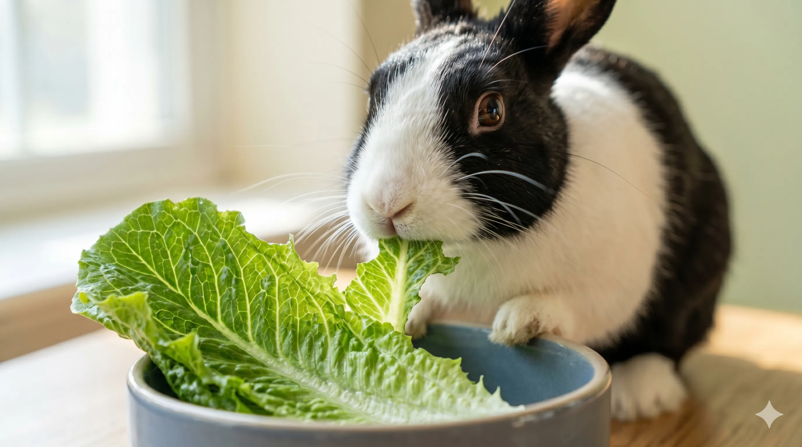 rabbit-eating-romaine-lettuce-closeup-image-1 Close-up of rabbit eating romaine lettuce in healthy feeding environment indoors