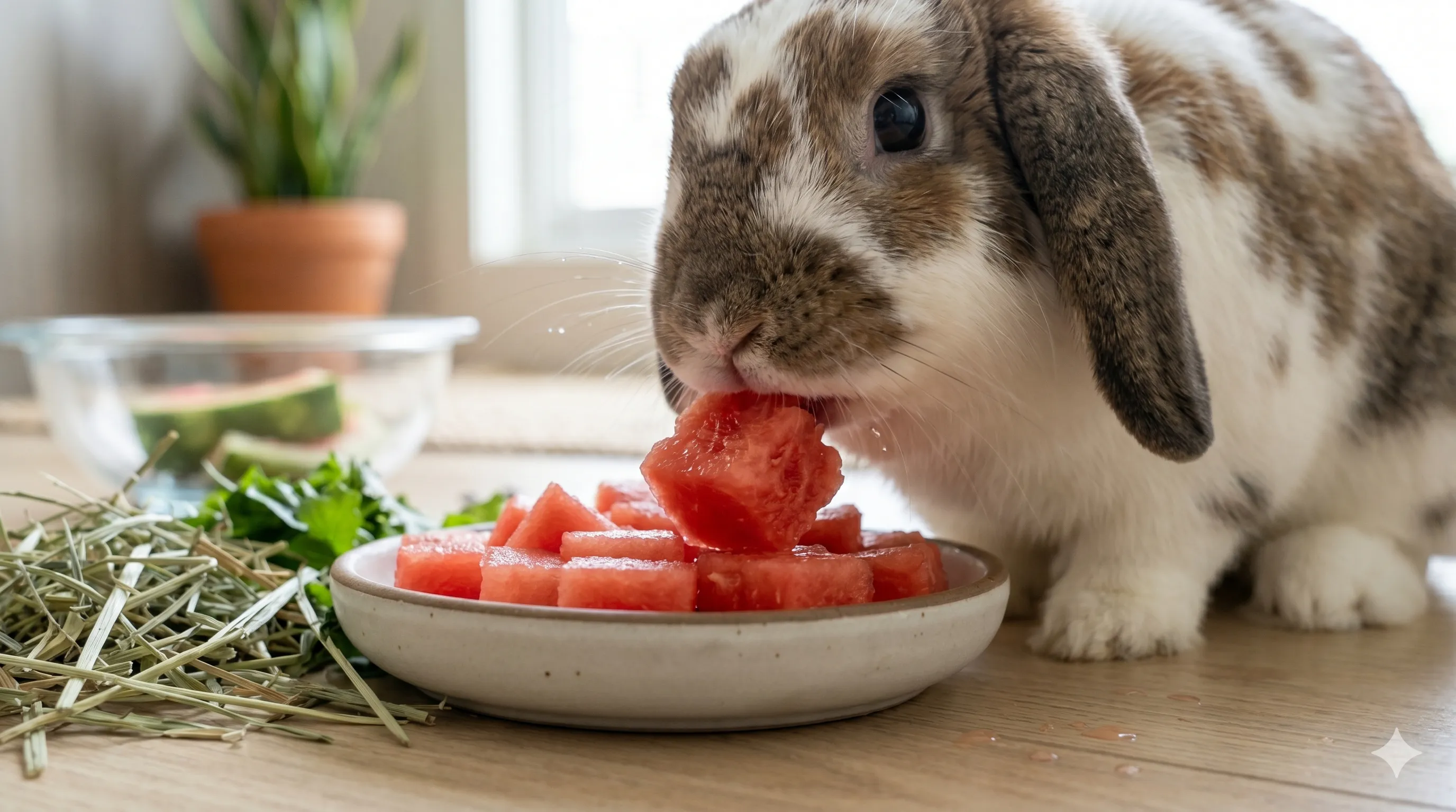 rabbit-eating-seedless-watermelon-closeup-image-1 Close-up of rabbit eating fresh seedless watermelon pieces in healthy feeding setup