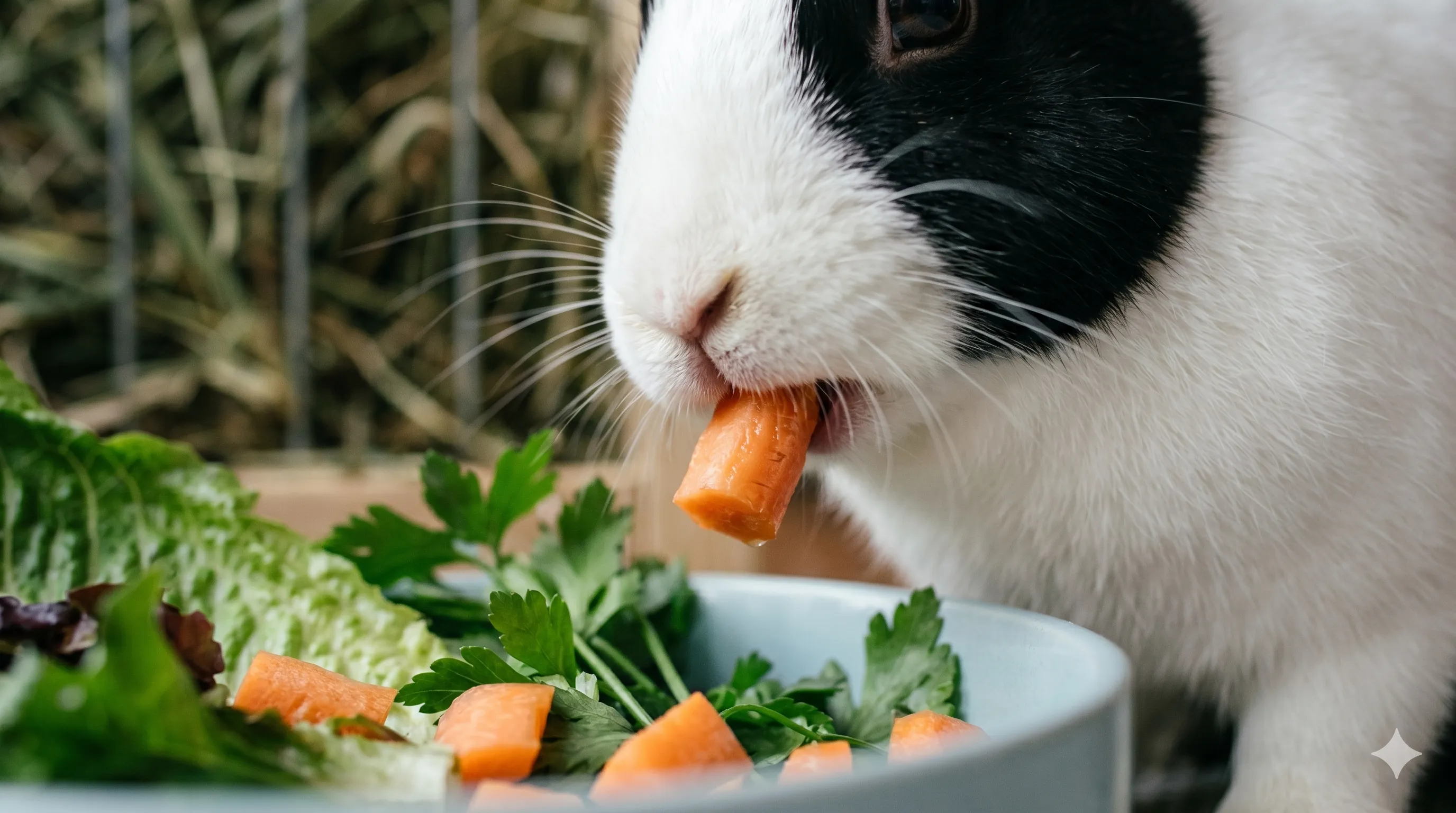 rabbit-eating-small-carrot-portions-closeup-image-1 Close-up of rabbit eating small carrot pieces in a healthy feeding setup